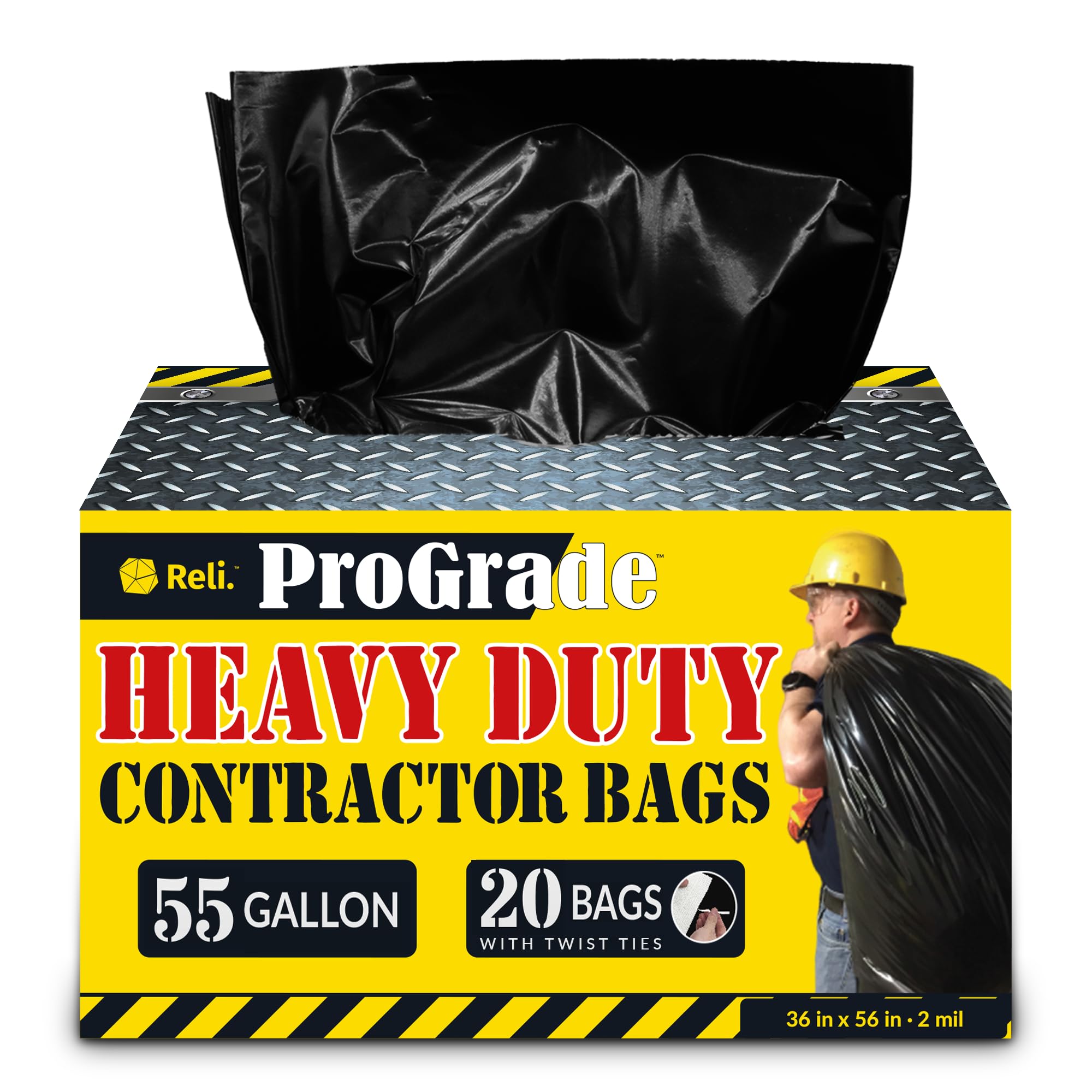 Reliable 55 Gallon Contractor Garbage Bags - Heavy Duty Black Trash Bags (20 Count) for Construction Sites, Yard Waste & Home Renovation Cleanup