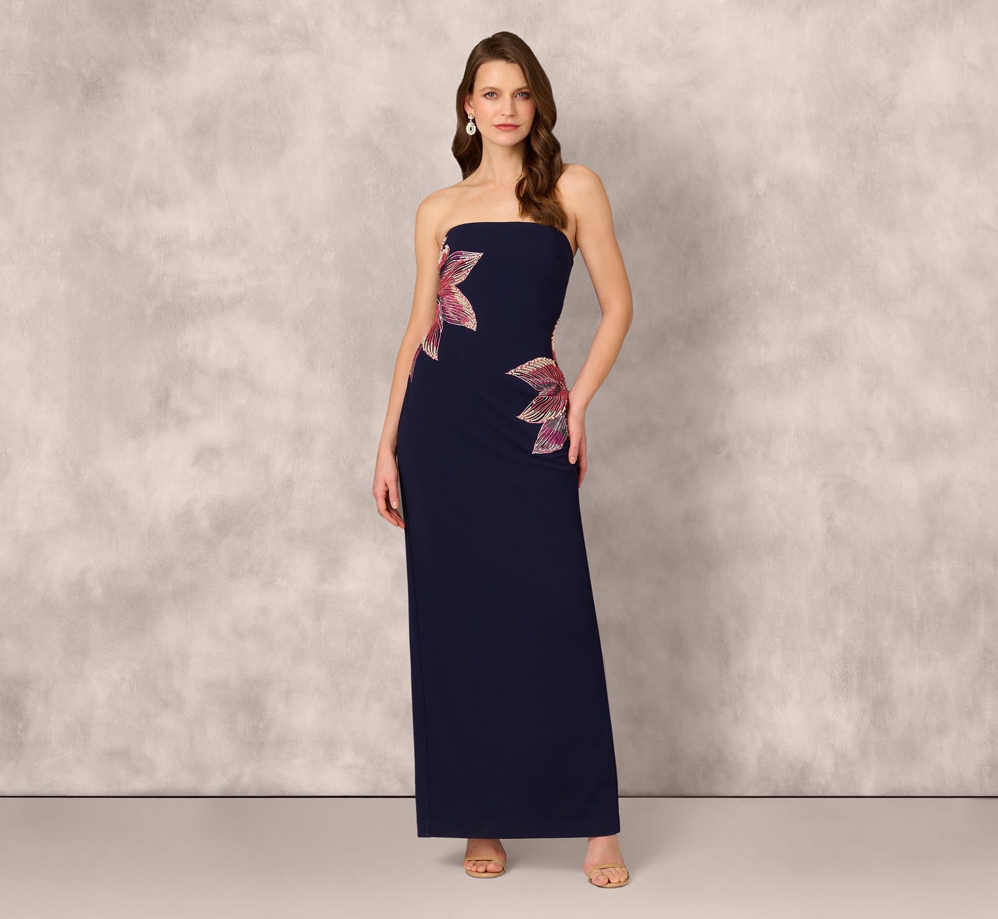 Elegant Navy Blue Strapless Beaded Flower Gown for Evening Gala, Prom, or Formal Wedding - Perfect for Special Occasions & Red Carpet Events