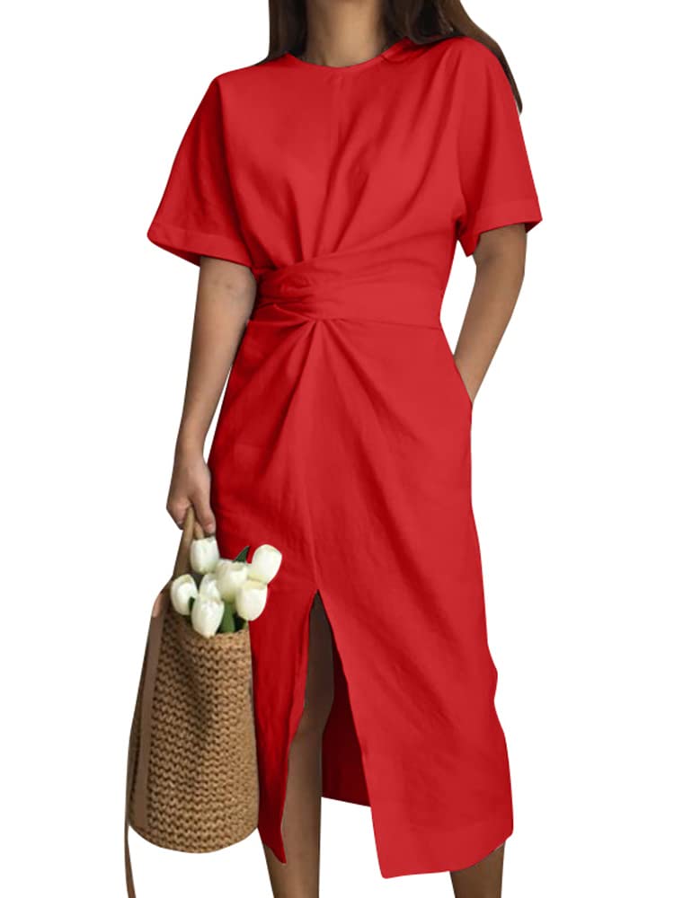 VONDA Women's Split Midi Wrap Dress with Tie Detail | Short Sleeve Summer Party & Work Dress | Casual T-Shirt Style for Office, Date Night & Beach Outings