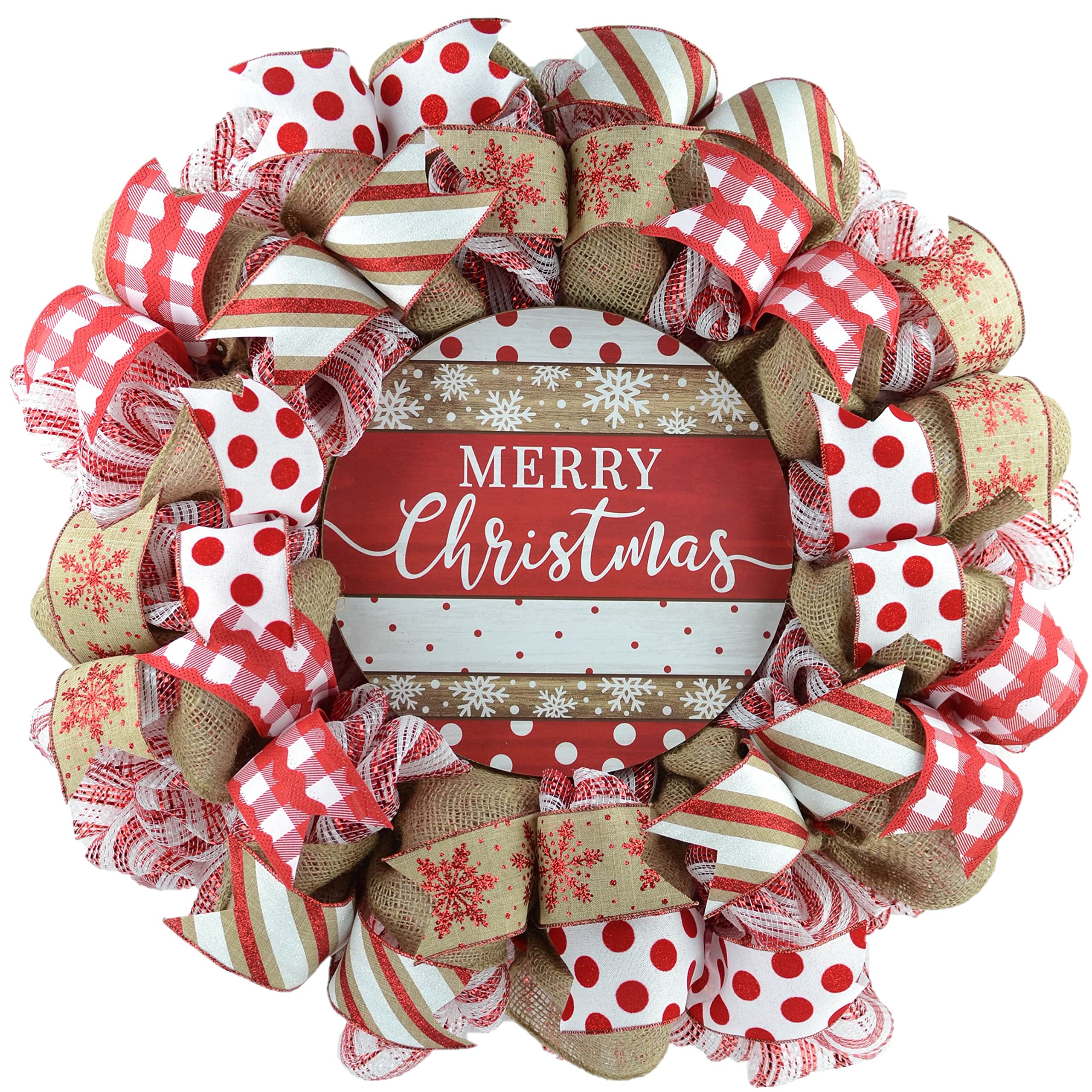 Farmhouse Burlap Christmas Wreath - Rustic Holiday Front Door Decor - Red & White Outdoor Wreath for Seasonal Home Decoration | Perfect for Front Porch, Fireplace Mantel & Holiday Party Decor