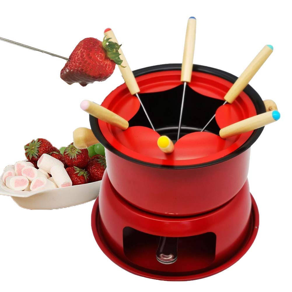 Premium Cast Iron Fondue Set - 6-Piece Multifunctional Steel Pot for Melting Cheese, Chocolate, Meat Broth & Ice Cream | Perfect for Parties, Family Gatherings & Romantic Dinners | Kitchen Accessories (Red)