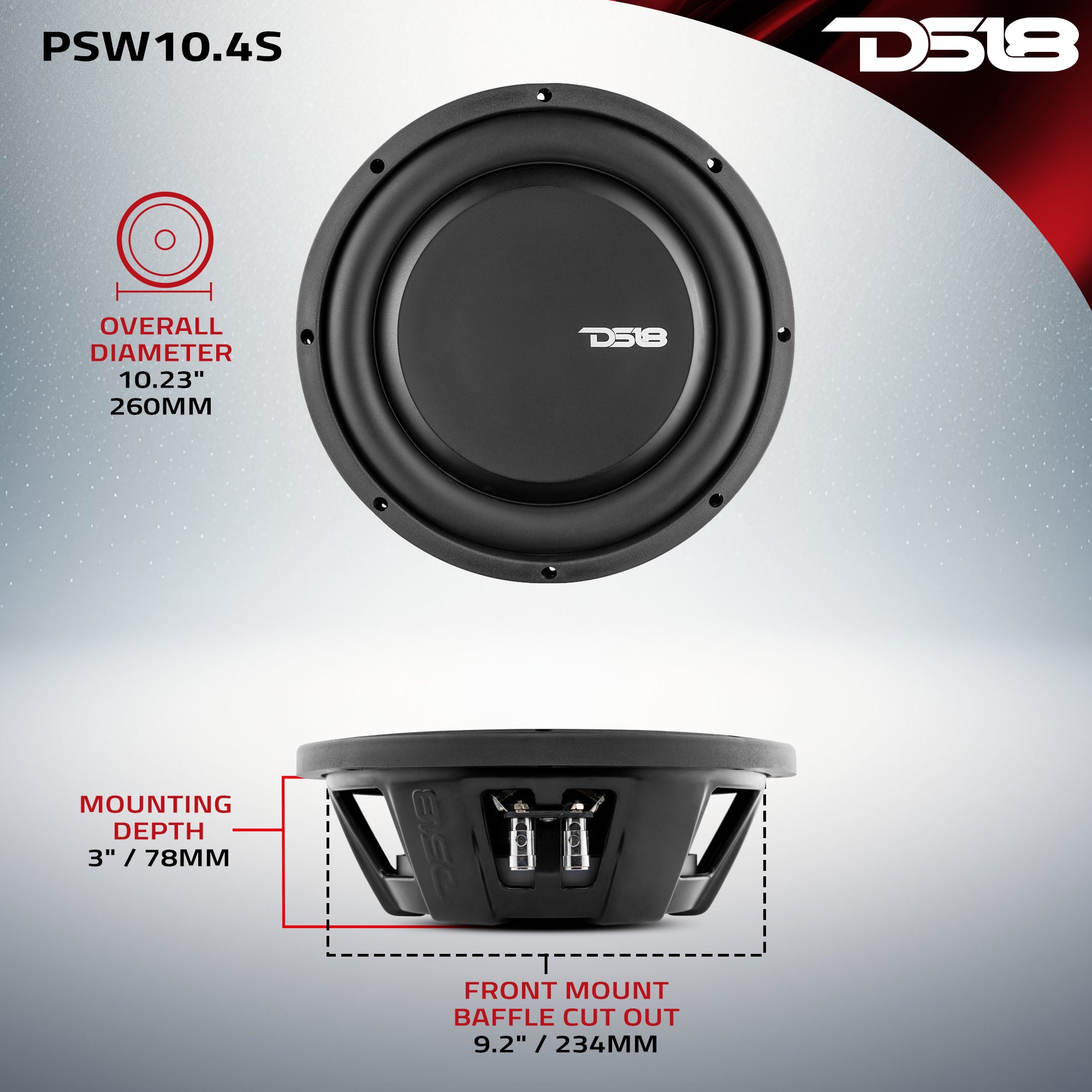 PS Shallow Mount Water Resistant 10-Inch Car Subwoofer - 500 Watts RMS Power, SVC 4 Ohm - Perfect for Marine & Off-Road Vehicle Audio Systems