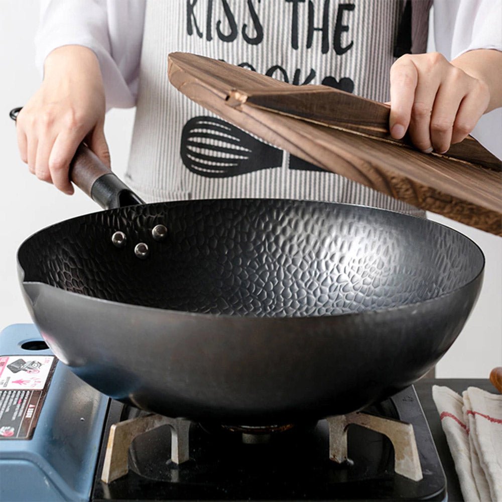 Premium Bjorn Cast Iron Deep Wok with Lid - 14 Inch Heavy Duty Carbon Steel Stir Fry Pan for Gas, Electric & Induction Cooktops - Perfect for Asian Cooking, Stir Frying, Deep Frying & Sautéing