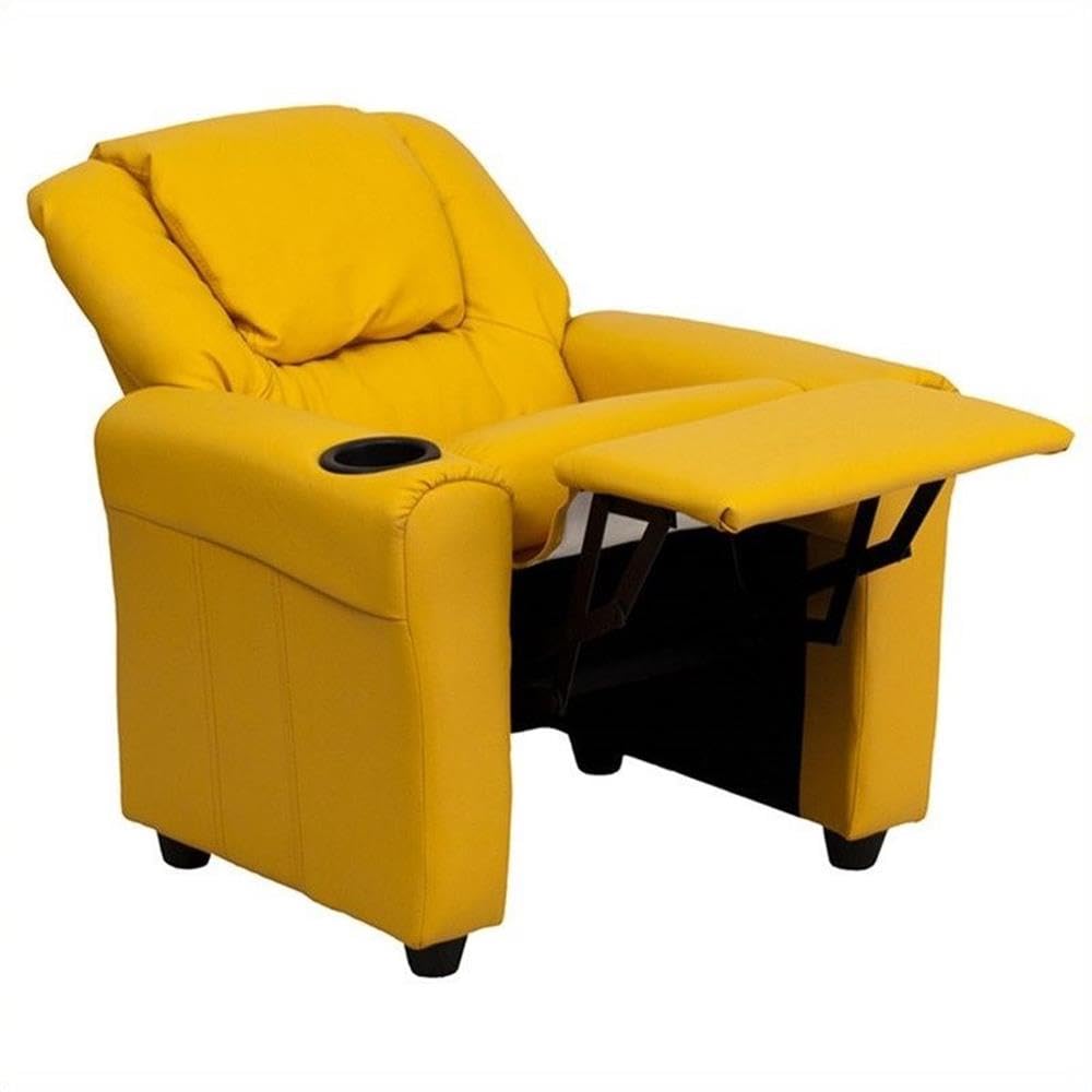 BOWERY HILL Modern Kids Recliner Chair with Cup Holder - Soft Vinyl Upholstery, Yellow - Perfect for Playrooms, Bedrooms & Movie Nights