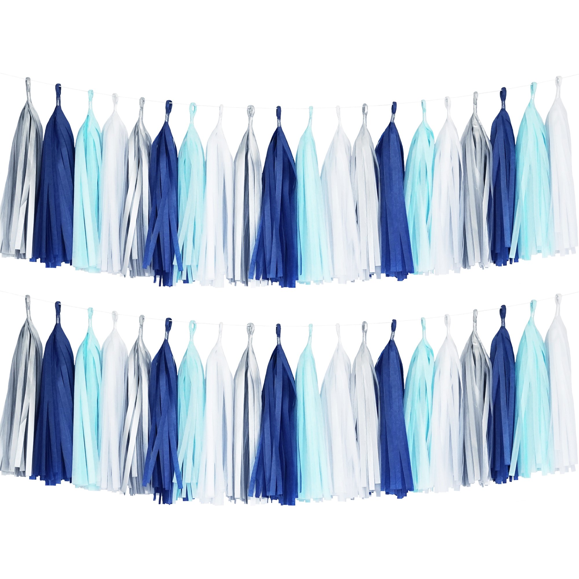 DIY Tissue Paper Tassel Garland - 40 Count (2 Pack) Blue Navy White Silver Party Decorations for Birthday, Wedding, Baby Shower & Holiday Celebrations