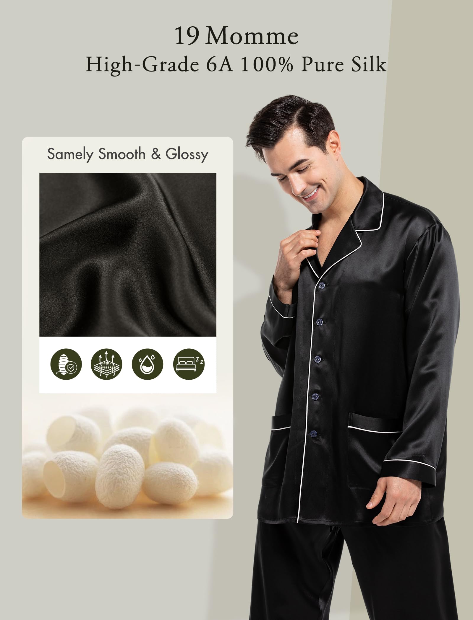 Luxury Men's Silk Pajamas Set - 2PC Long Sleeve Button-Down Sleepwear for Comfortable Nights & Relaxation | Perfect for Lounging, Travel & Gift Giving