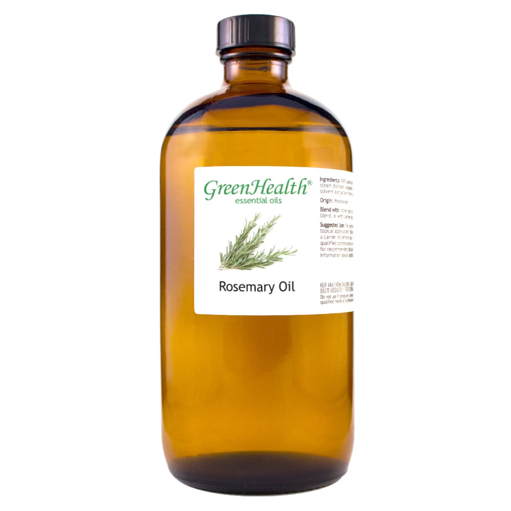 100% Pure Rosemary Essential Oil - 16 fl oz (473ml) in Amber Glass Bottle for Aromatherapy, Massage & Hair Care - GreenHealth