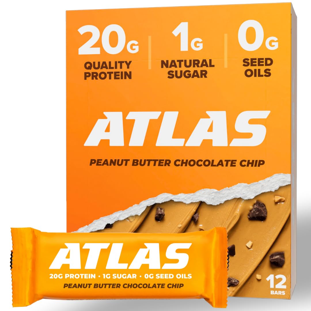 Atlas Protein Bar – 20g Clean Protein, 1g Natural Sugar, Gluten Free, No Artificial Sweeteners, Peanut Butter Chocolate Chip (12 Count) – Healthy Snack for Gym, Hiking & On-the-Go Nutrition