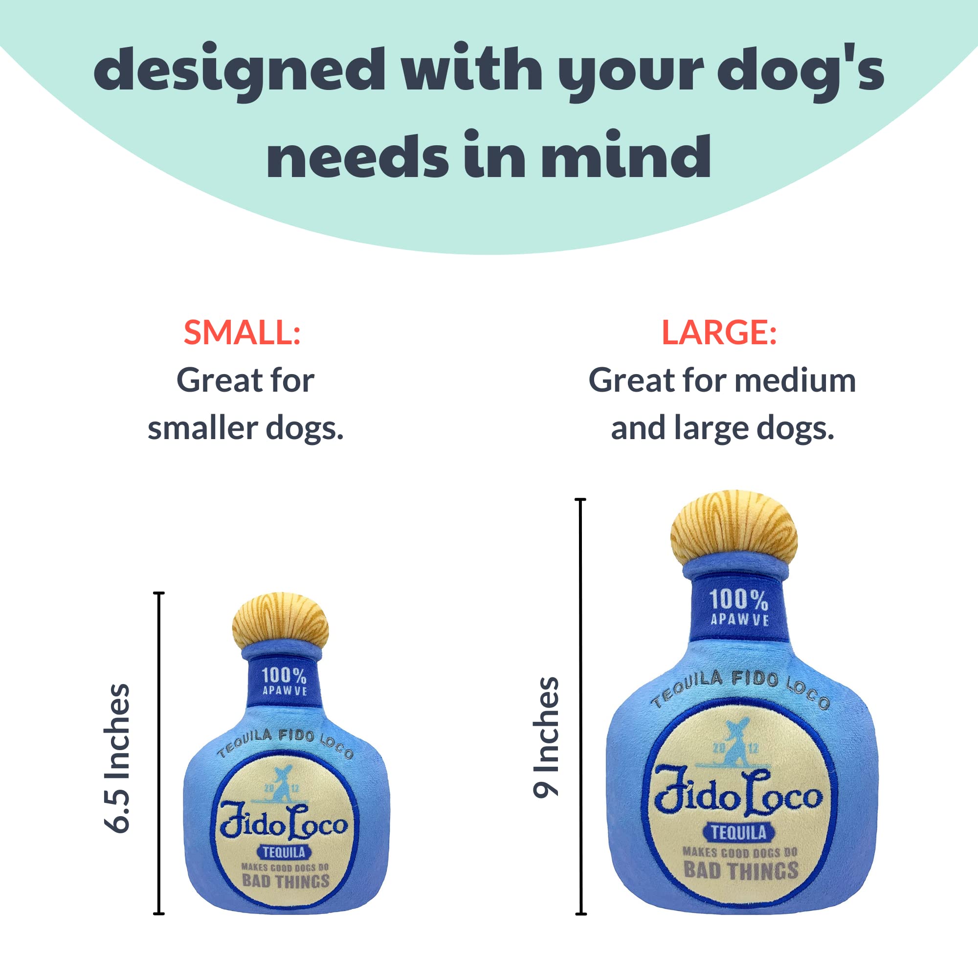 Huxley & Kent Squeaky Dog Toy for Small Dogs - Funny Power Plush Teething Puppy Chew Toy with Loud Squeaker - Durable & Safe Dog Gift for Playtime, Training & Cuddling (Fido Loco Tequila Design) - Perfect for Indoor Play, Outdoor Fetch & Puppy Teething Relief