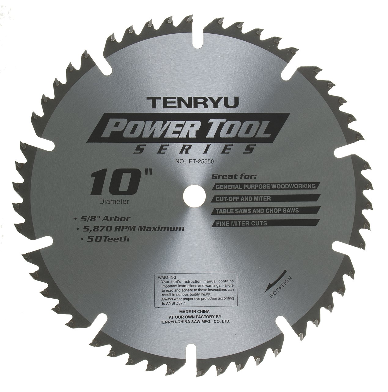 Tenryu PT-25550 10-Inch Carbide Tipped Saw Blade - 50 Tooth ATAF Grind, 5/8-Inch Arbor, 0.091 Kerf - Perfect for Woodworking, Plywood, and Hardwood Cutting