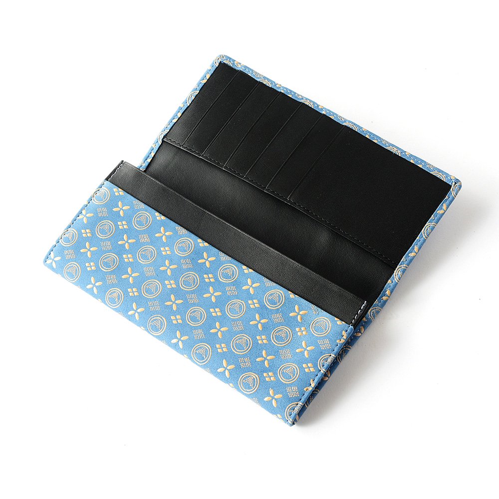Premium Japanese Deerskin Leather Long Wallet with Urushi Lacquer & Mt. Fuji Pattern - Light Blue - Handmade in Japan - Luxury Bifold Wallet for Men - Perfect Gift for Business Professionals & Travelers