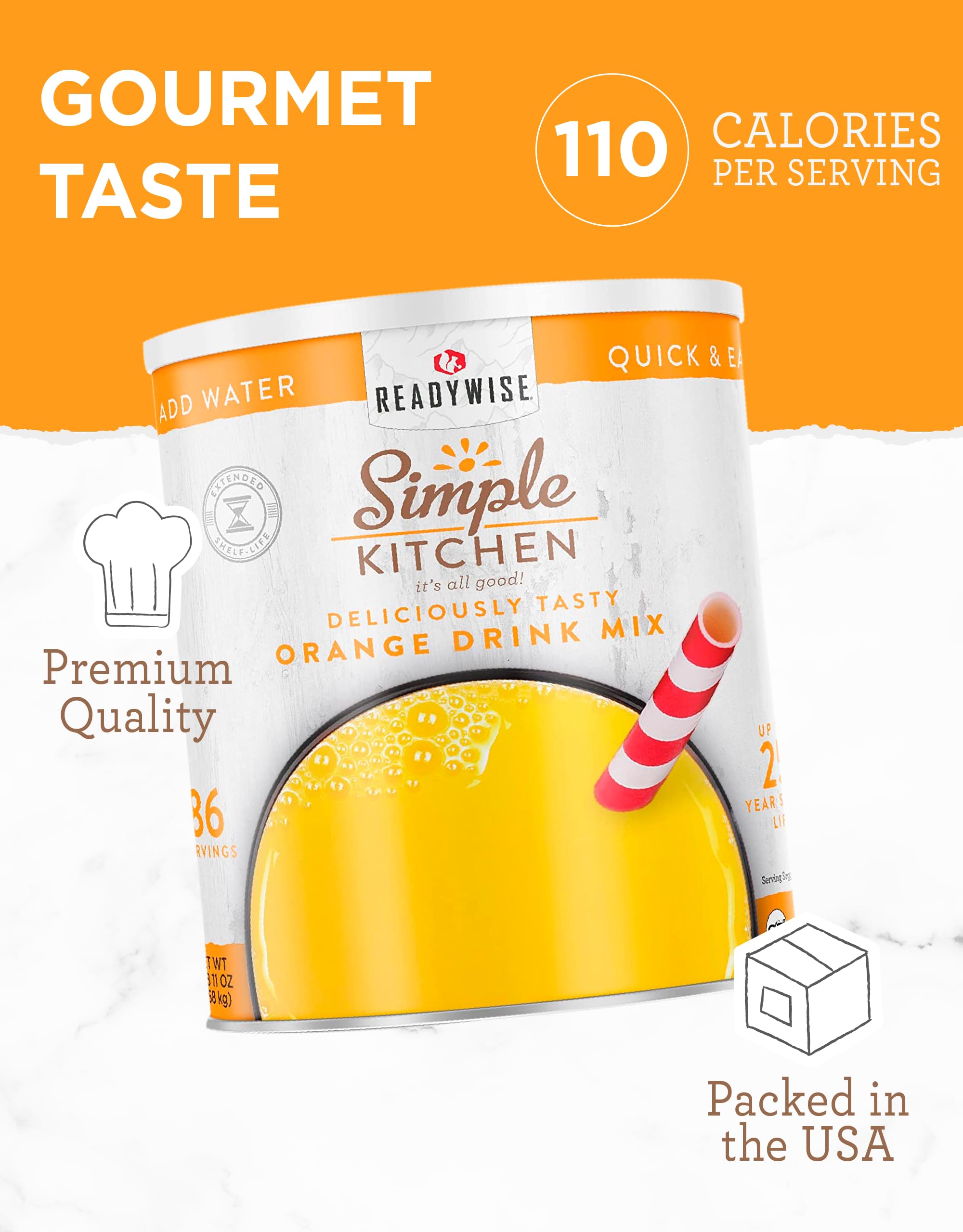 READYWISE Orange Drink Mix Powder - 86 Servings, Healthy & Delicious Emergency Food Supply for Camping, Hiking & Survival Preparedness - 10 Can Pack