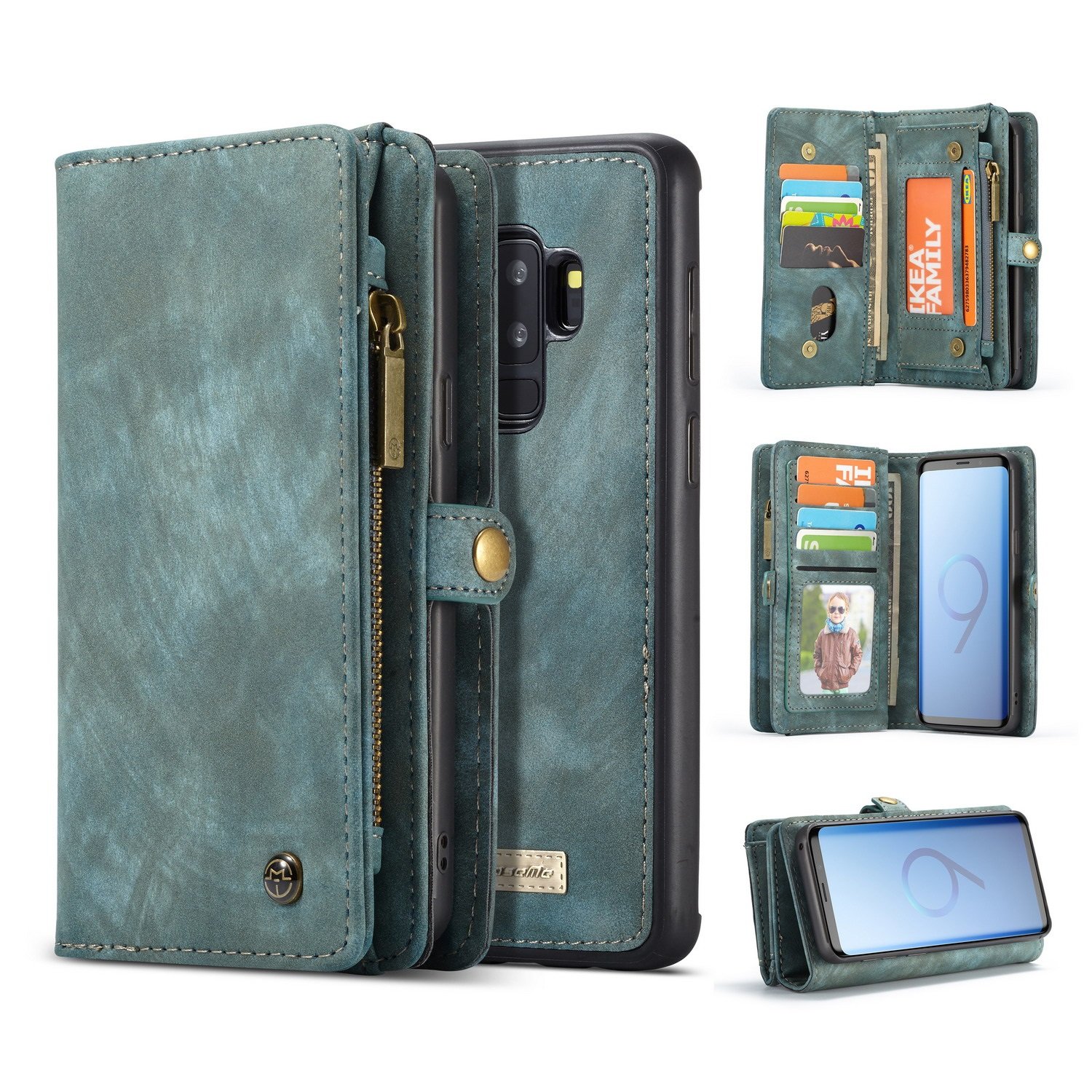 Premium Vintage Leather Wallet Case for Samsung Galaxy S9 Plus - 2-in-1 Multi-Functional Design with Card Slots & Removable Cover, Zipper Purse (Blue) | Perfect for Everyday Use, Travel & Business Meetings