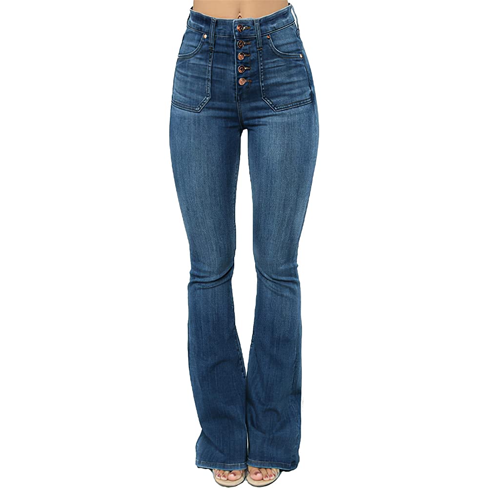 Vintage 70s High Rise Bell Bottom Jeans for Women - Stretchy Comfort Fit with Button Closure & Pockets - Dark Blue Retro Flare Pants for Casual Wear, Music Festivals & Boho Style Outfits