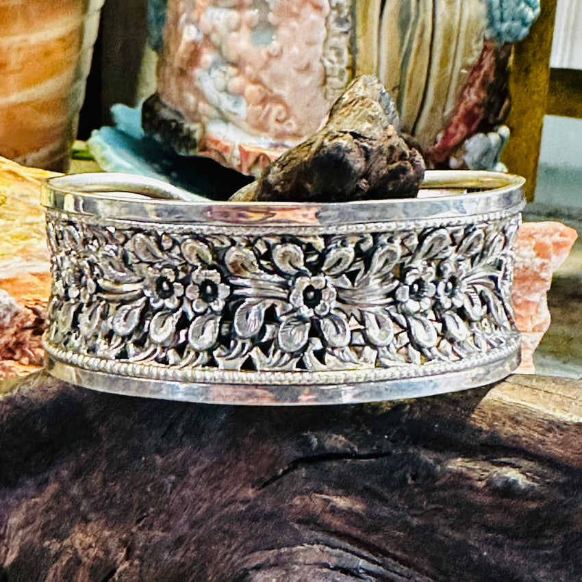 Sterling Silver Wide Floral Cuff Bracelet for Women - Elegant Handmade Boho Jewelry - Perfect for Weddings, Parties & Everyday Wear