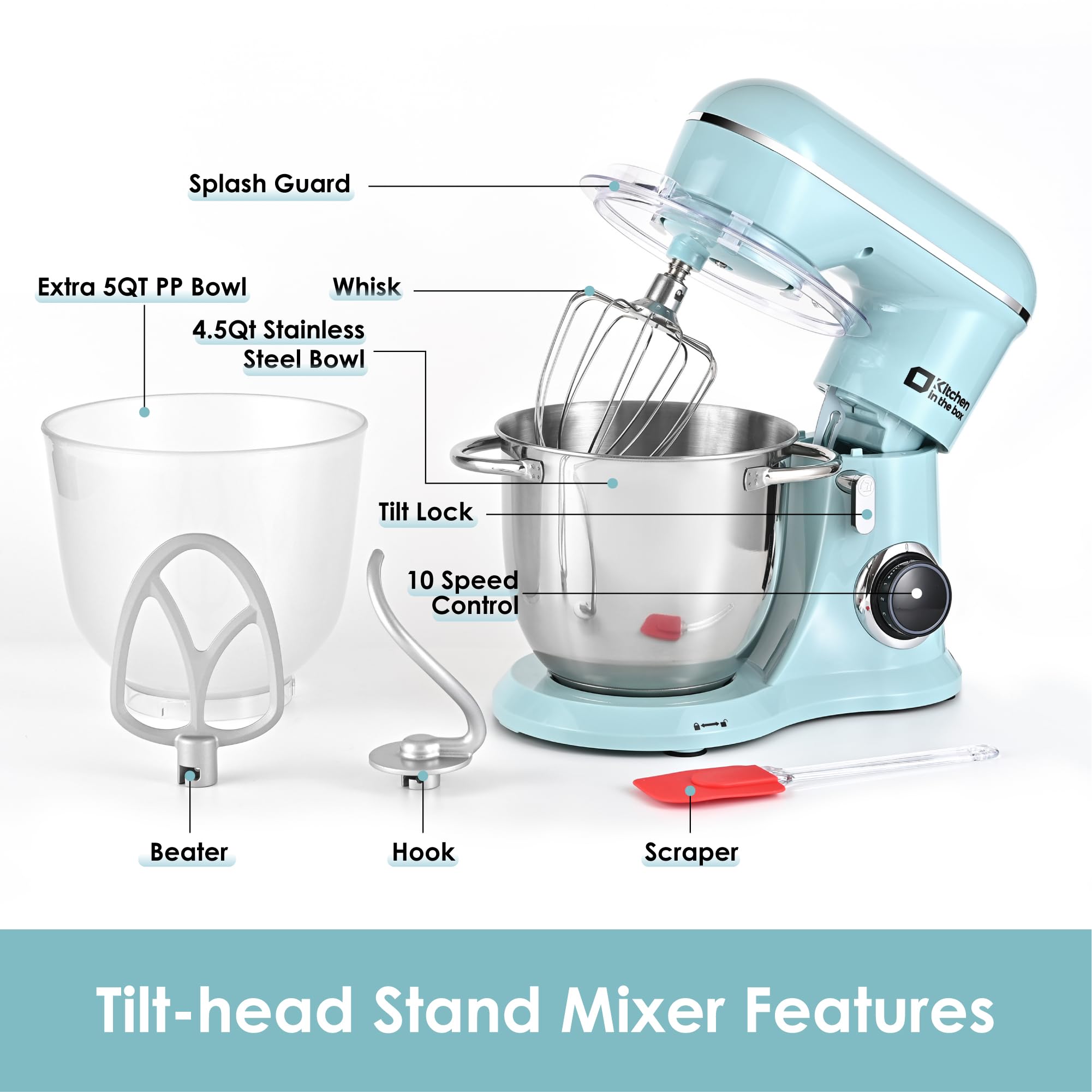 4.5QT+5QT Stand Mixer with 10 Speeds - Electric Kitchen Mixer with Egg Whisk, Dough Hook & Flat Beater - Perfect for Baking Cakes, Cookies & Bread (Blue) - Ideal for Home Bakers & Cooking Enthusiasts