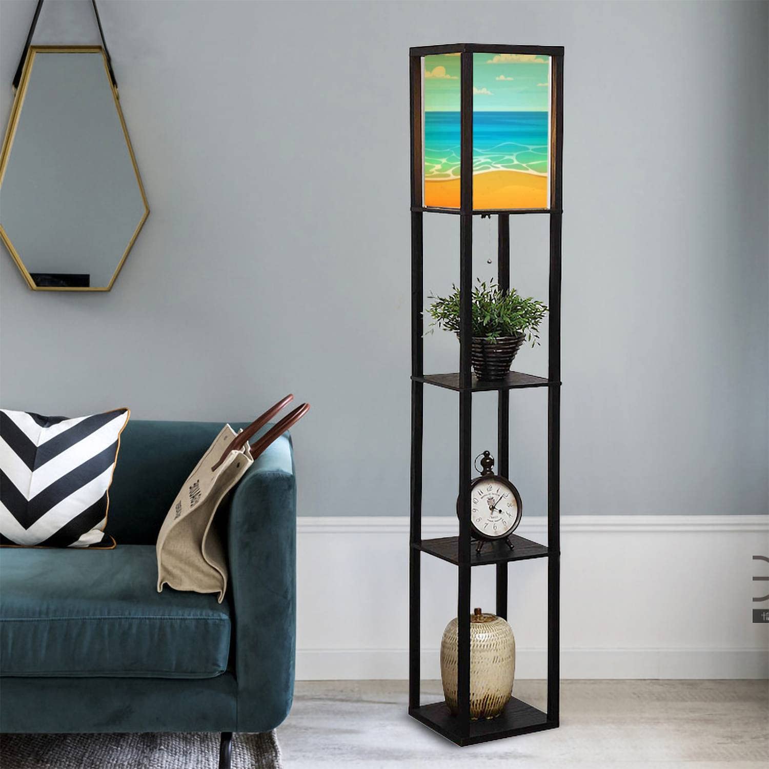 Cartoon Summer Beach Style Standing Lamp with Shelves - Flaxen Fabric Shade Floor Lamp for Living Room, Bedroom, Office - Tall Corner & Bedside Lighting for Home Aesthetic Decor (Perfect for Reading Nook, Coastal Theme Rooms & Relaxing Spaces)