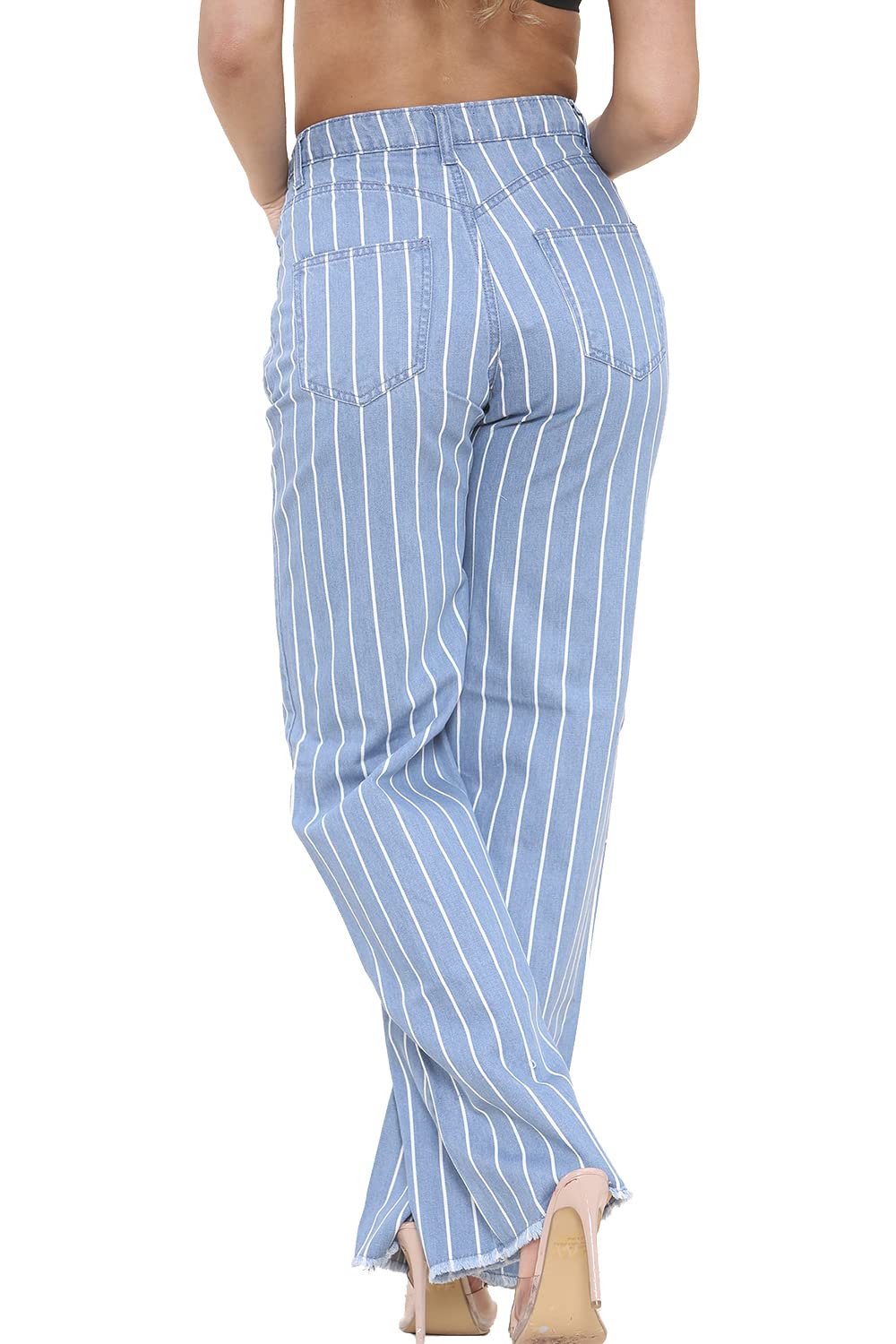Fashion Star Women's High Waisted Striped Wide Leg Ankle Length Denim Jeans - Zara Style Mom Jeans - Blue Medium (UK 10) - Perfect for Casual Outings, Street Style & Everyday Wear