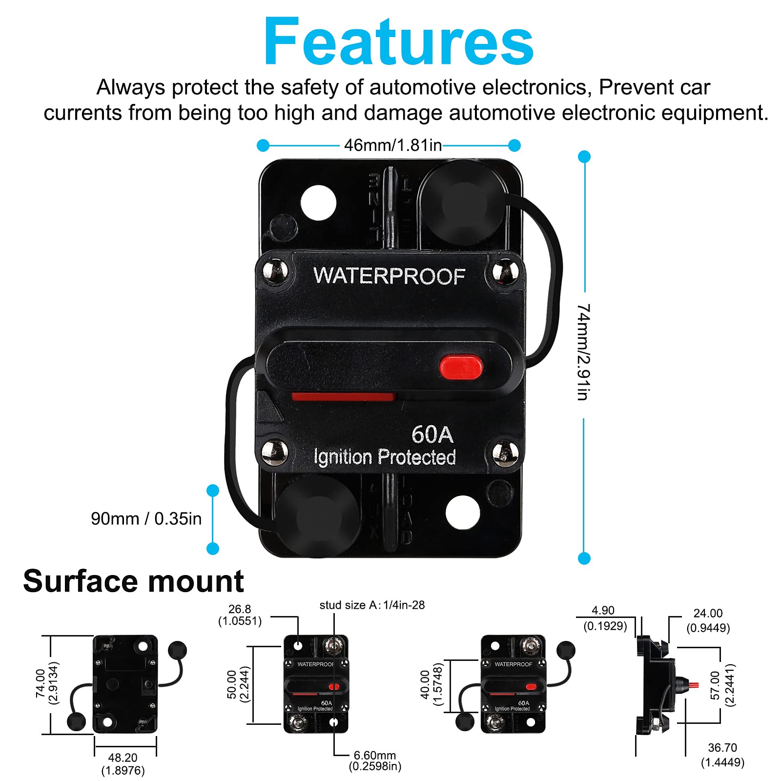 Waterproof Circuit Breaker with Manual Reset, 12V-48V DC 30A-300A, Fuse Holder for Automotive Marine Boat Audio System - Overload Protection for Car, RV, Truck & Power Equipment