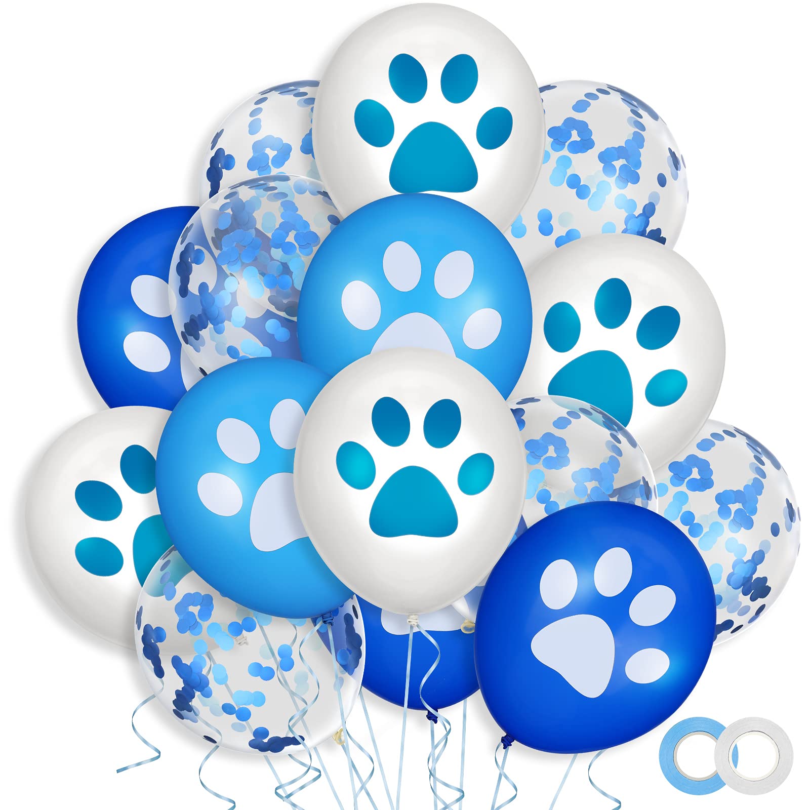 Skylety 36 Pcs 12 Inch Blue & White Paw Print Balloons - Dog Themed Latex Balloons with Confetti & Ribbons for Puppy Birthday, Baby Shower, Graduation Party Decorations | Perfect for Pet Lovers & Animal Theme Celebrations