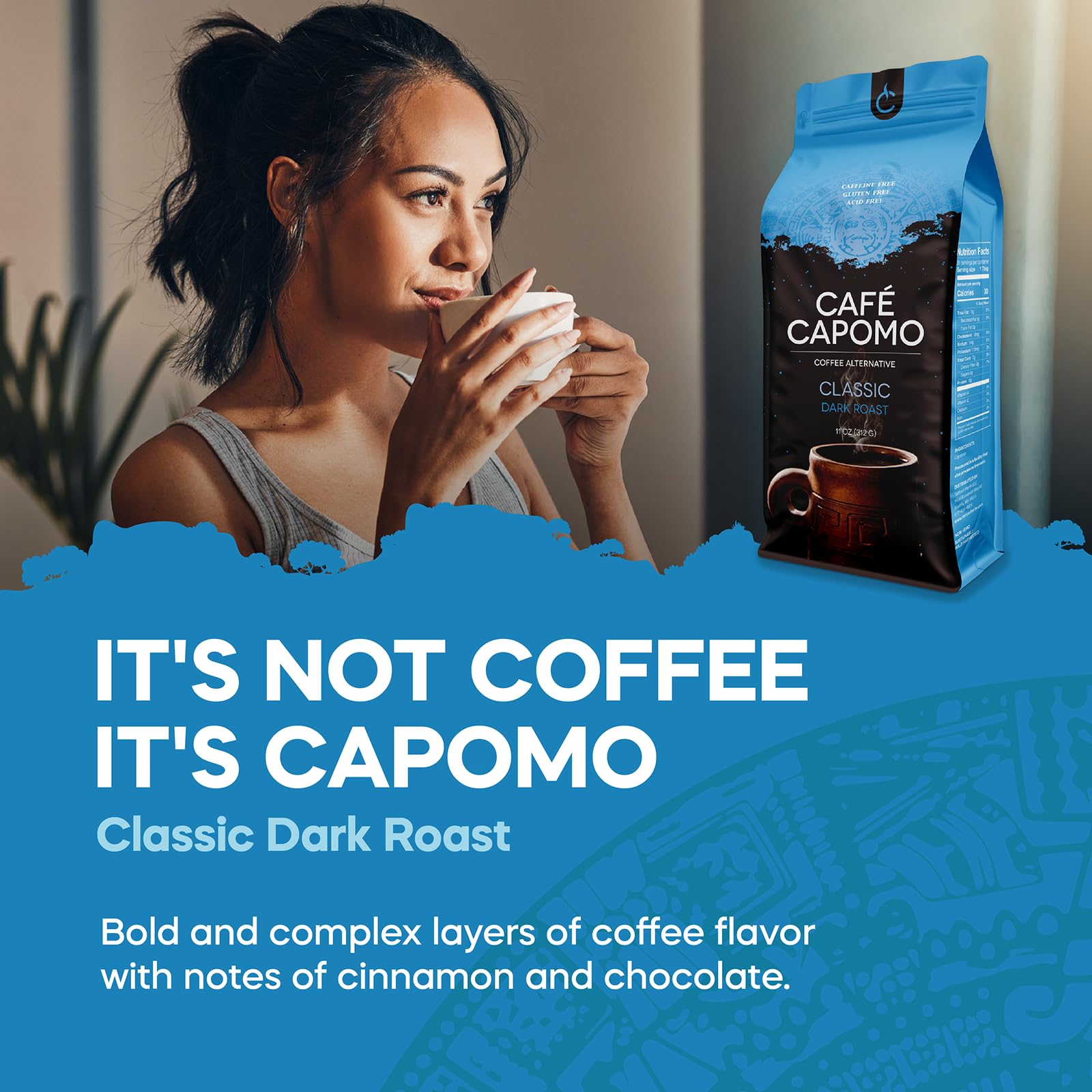 Organic Cafe Capomo Maya Nut Herbal Coffee Substitute - Caffeine Free, Acid Free, Dark Roast Coffee Alternative (11 oz) | Premium Herbal Beverage for Relaxation & Digestion | Perfect for Evening Sipping & Wellness Rituals