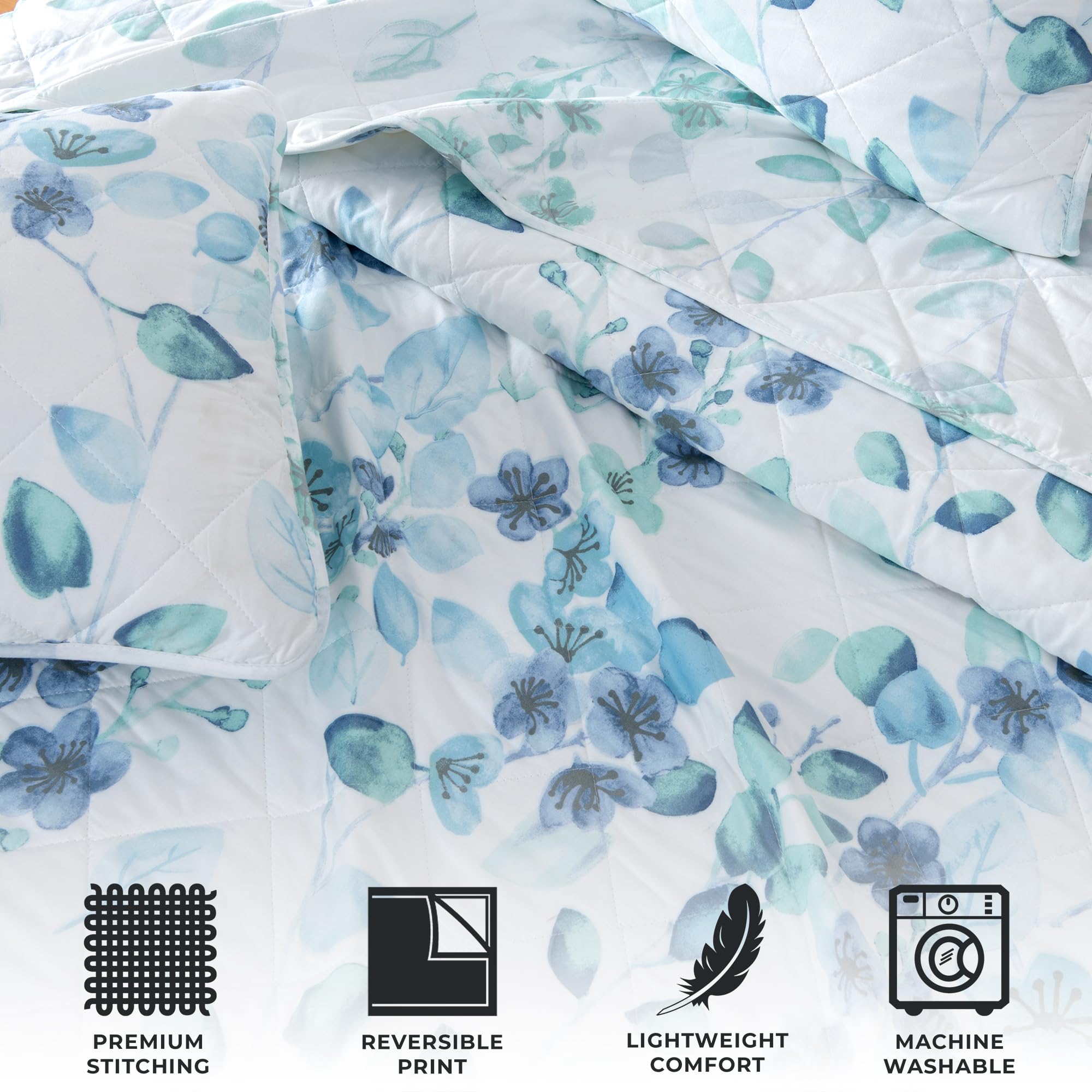Floral King Quilt Set - Blue Green Reversible Bedding for Farmhouse & All-Season Comfort