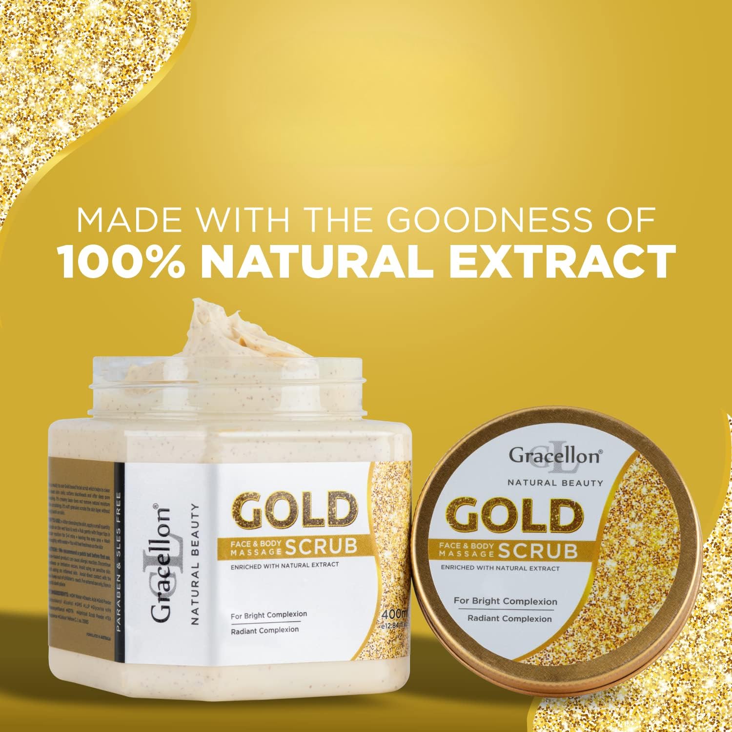 Organic Gold Face & Body Massage Scrub - Paraben & SLES Free for Radiant, Brightened Skin with Instant Glow - 400ml | Perfect for Spa Day, Self-Care Routine & Gift Giving