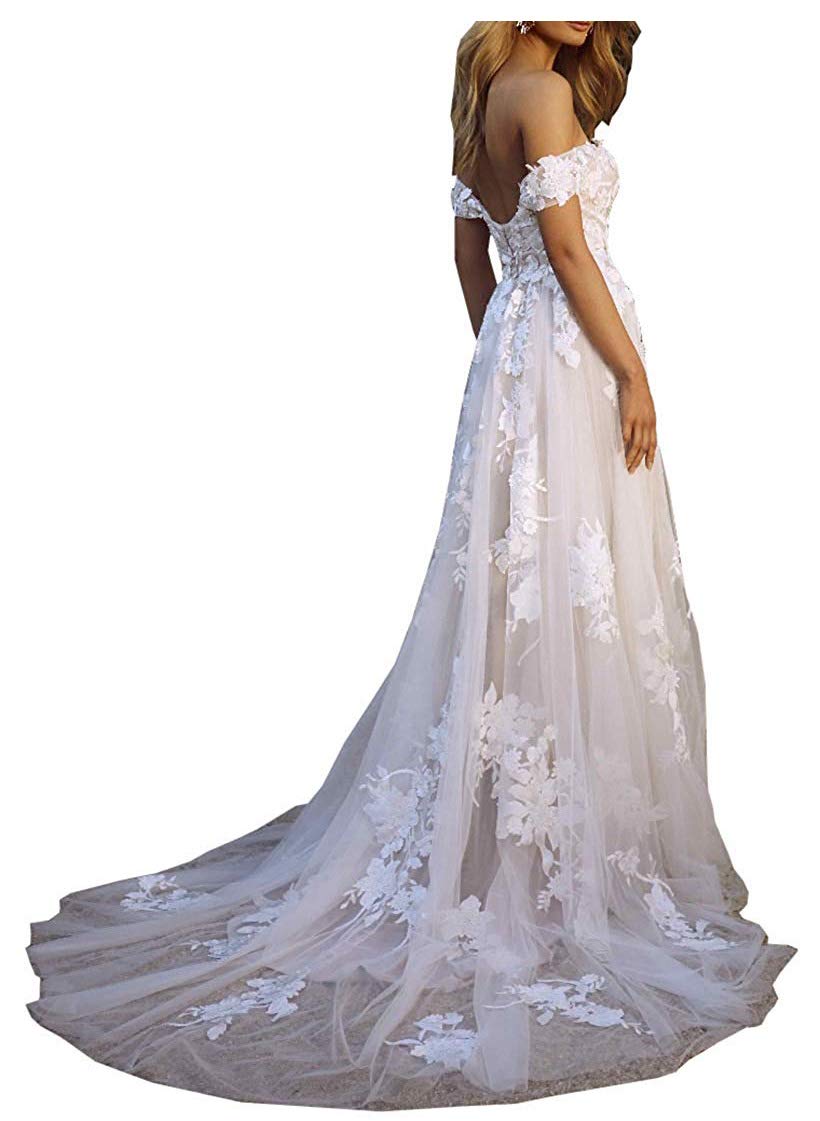 Elegant Boho Lace Off-Shoulder Wedding Dress for Women - Applique Bridal Gown for Beach, Garden & Outdoor Ceremonies