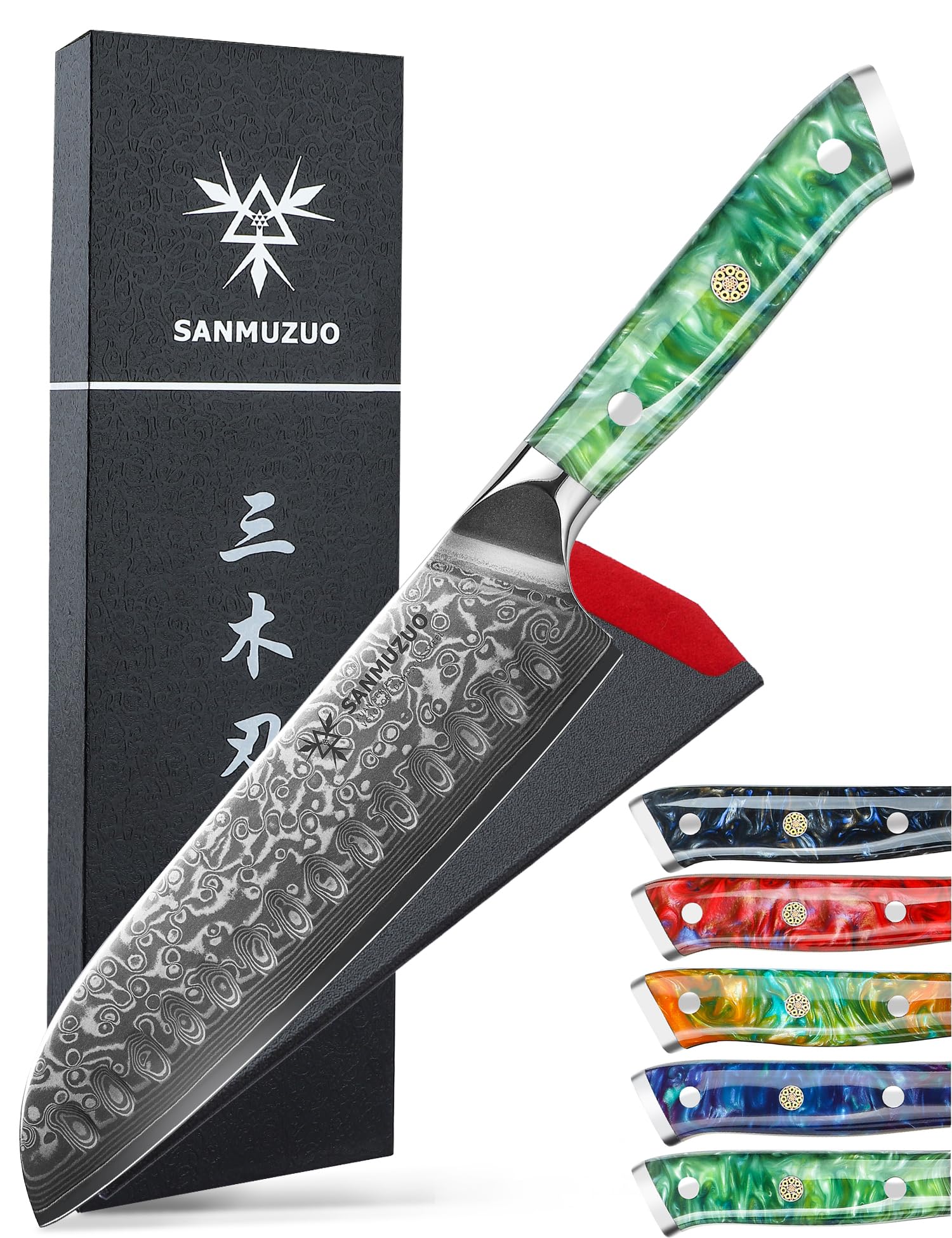 7 Inch Santoku Knife - Xuan Series VG10 Damascus Steel Kitchen Knife with Jade Green Resin Handle - Perfect for Slicing, Dicing & Chopping Vegetables, Meat & Fish