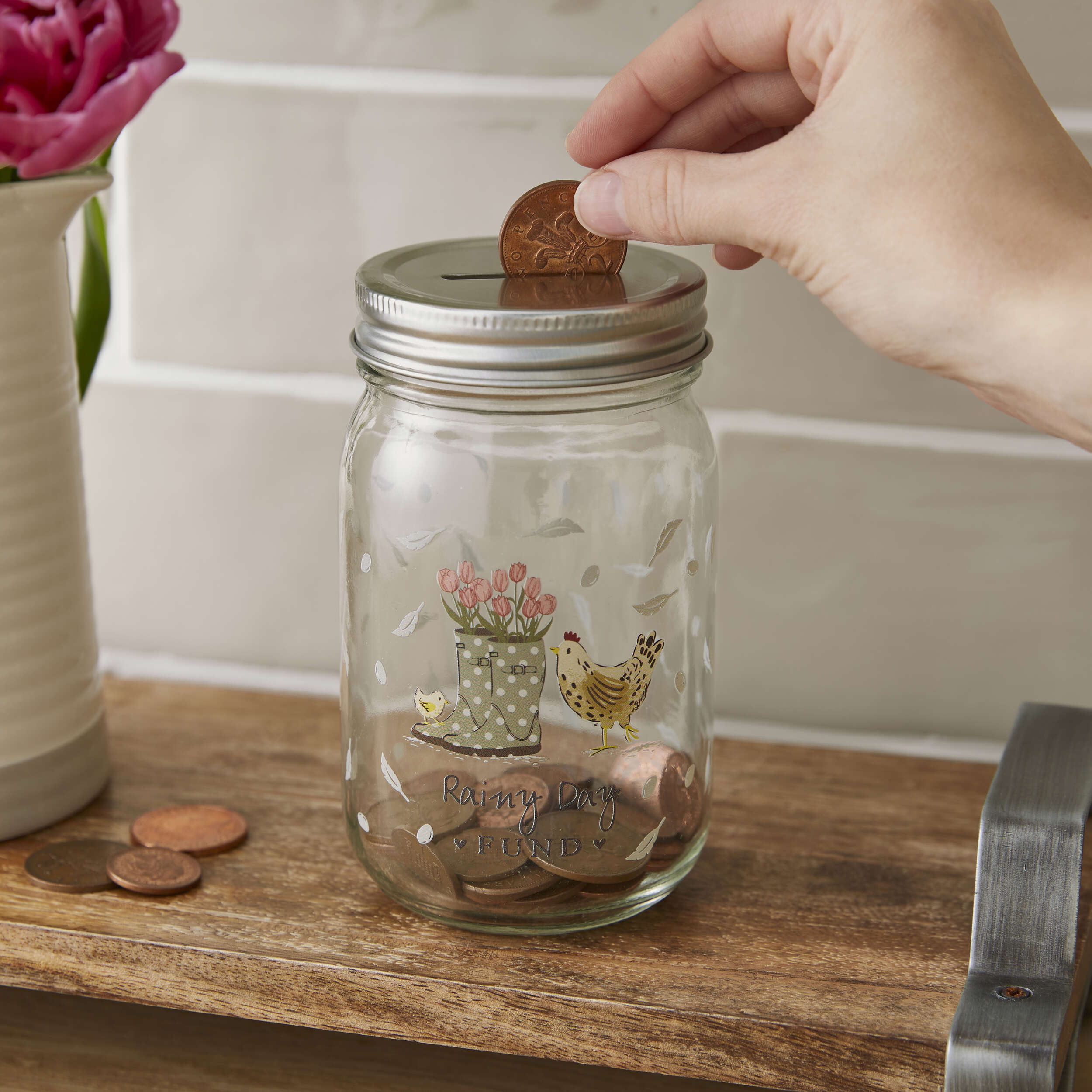 Hen House Lane Glass Money Jar with Lid - Transparent Savings Jar for Cash, Coins & Piggy Bank - Perfect for Home, Office, Kids Allowance & DIY Savings Goals