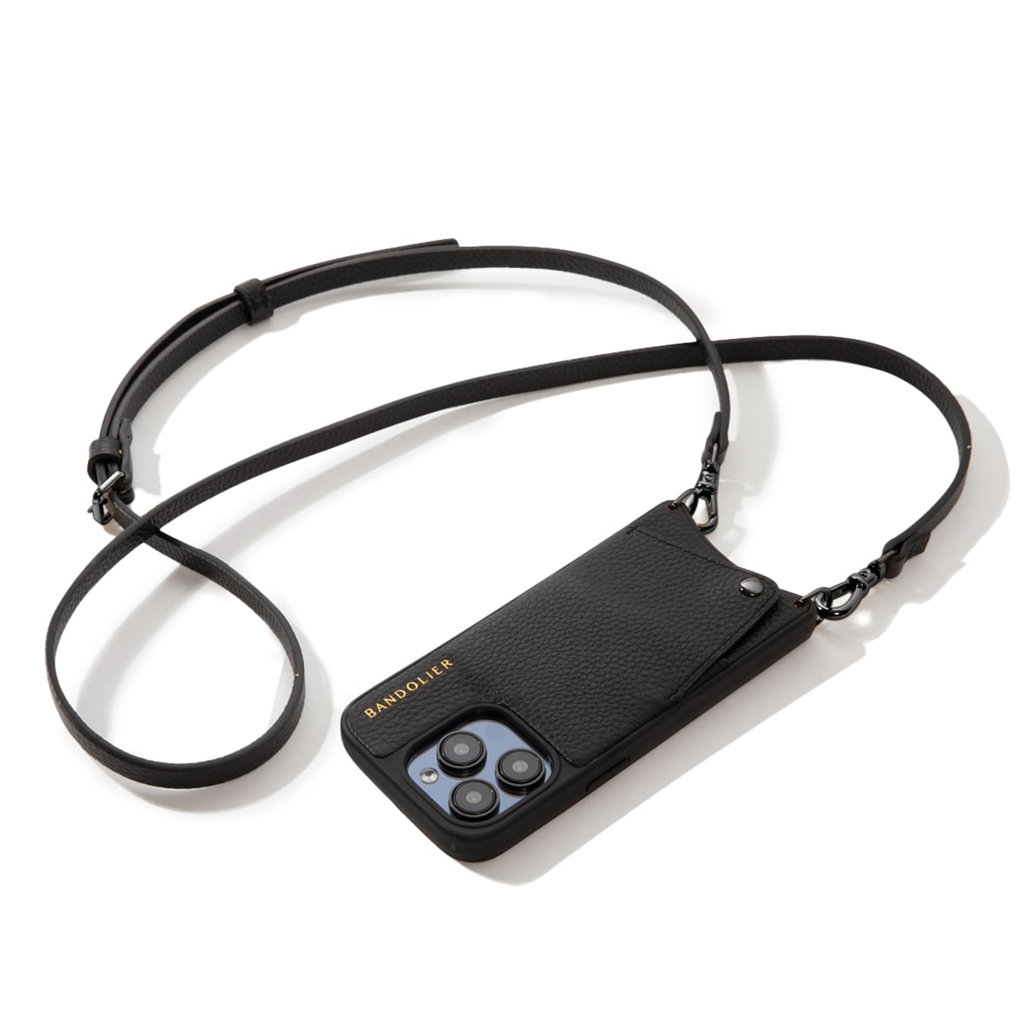 **Genuine Pebble Leather Bandolier Emma Crossbody Wallet Phone Case for iPhone 16 Pro – Adjustable & Removable Strap, Card Holder with Snap Closure (Black & Pewter Hardware) – Perfect for Travel, Shopping & Everyday Use**