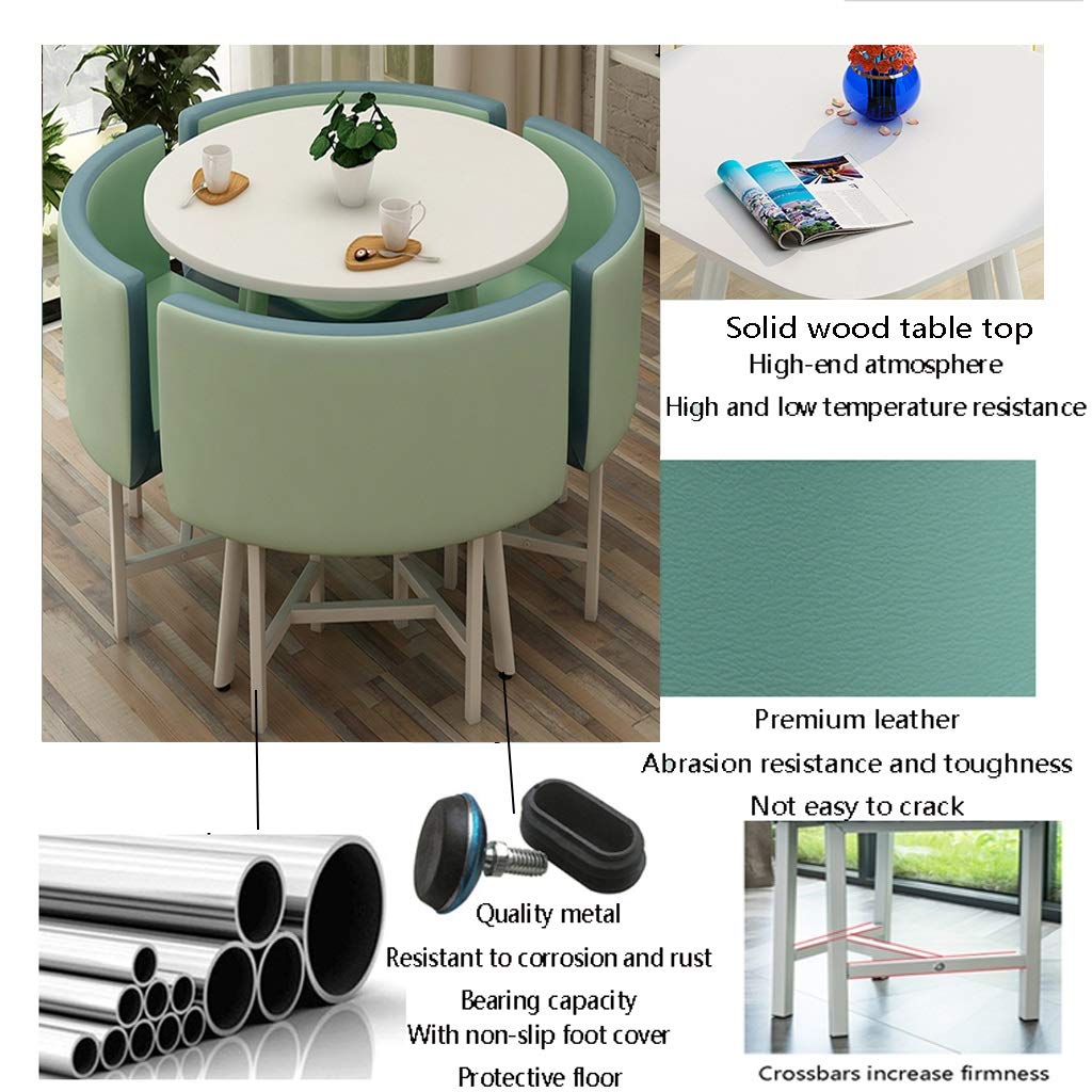 Modern Round Table and 4 Leather Chairs Set - Army Green Balcony, Living Room, Dining, Office, Meeting Room, Lounge, Coffee Shop & Beauty Salon Furniture for Leisure & Social Gatherings