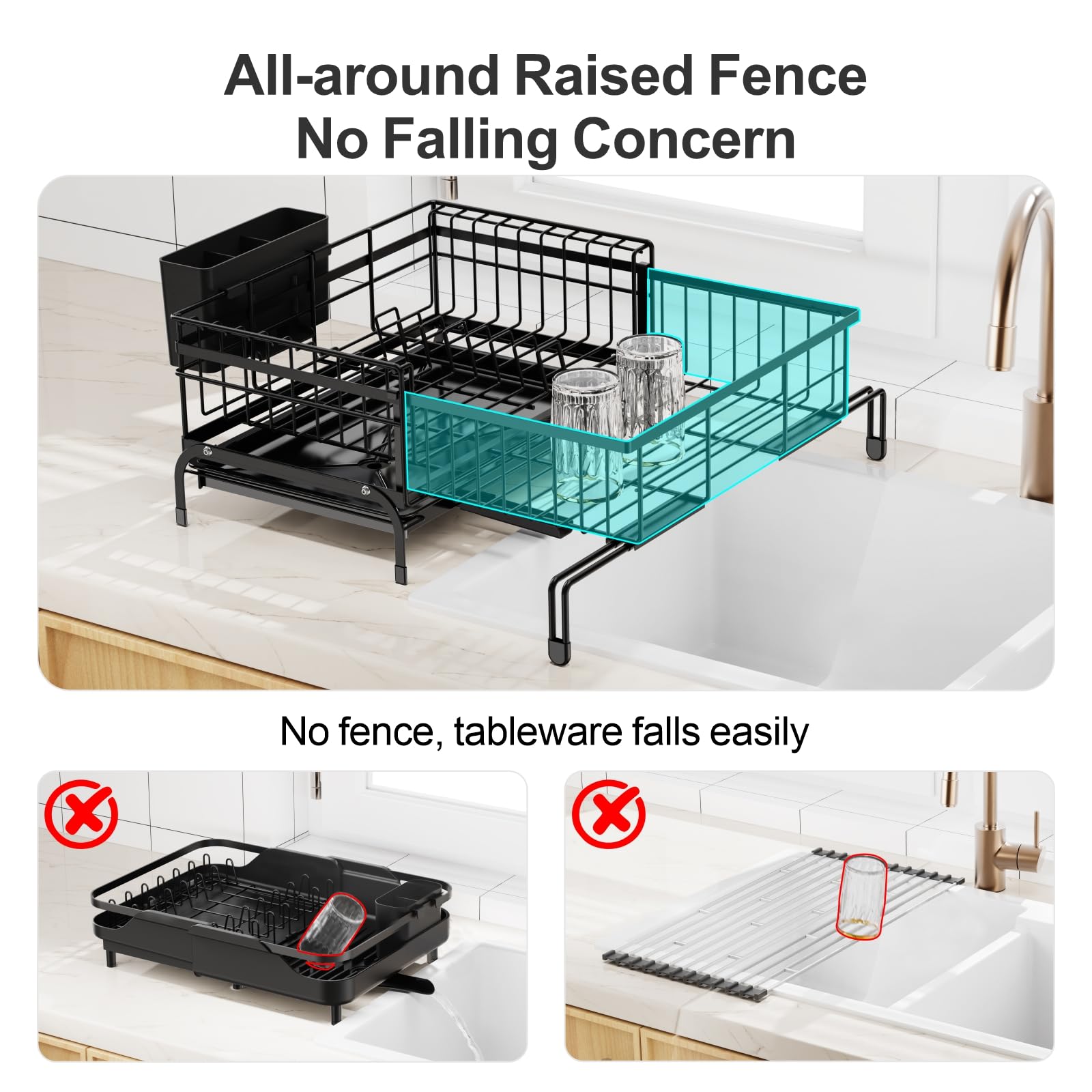 GSlife Expandable Dish Drying Rack with Drainboard - 2-in-1 Rustproof Kitchen Sink Organizer for Countertop & RV | Space-Saving Dish Drainer with Pan Slot & Utensil Holder | Perfect for Small Apartments, Camping & Dorm Rooms