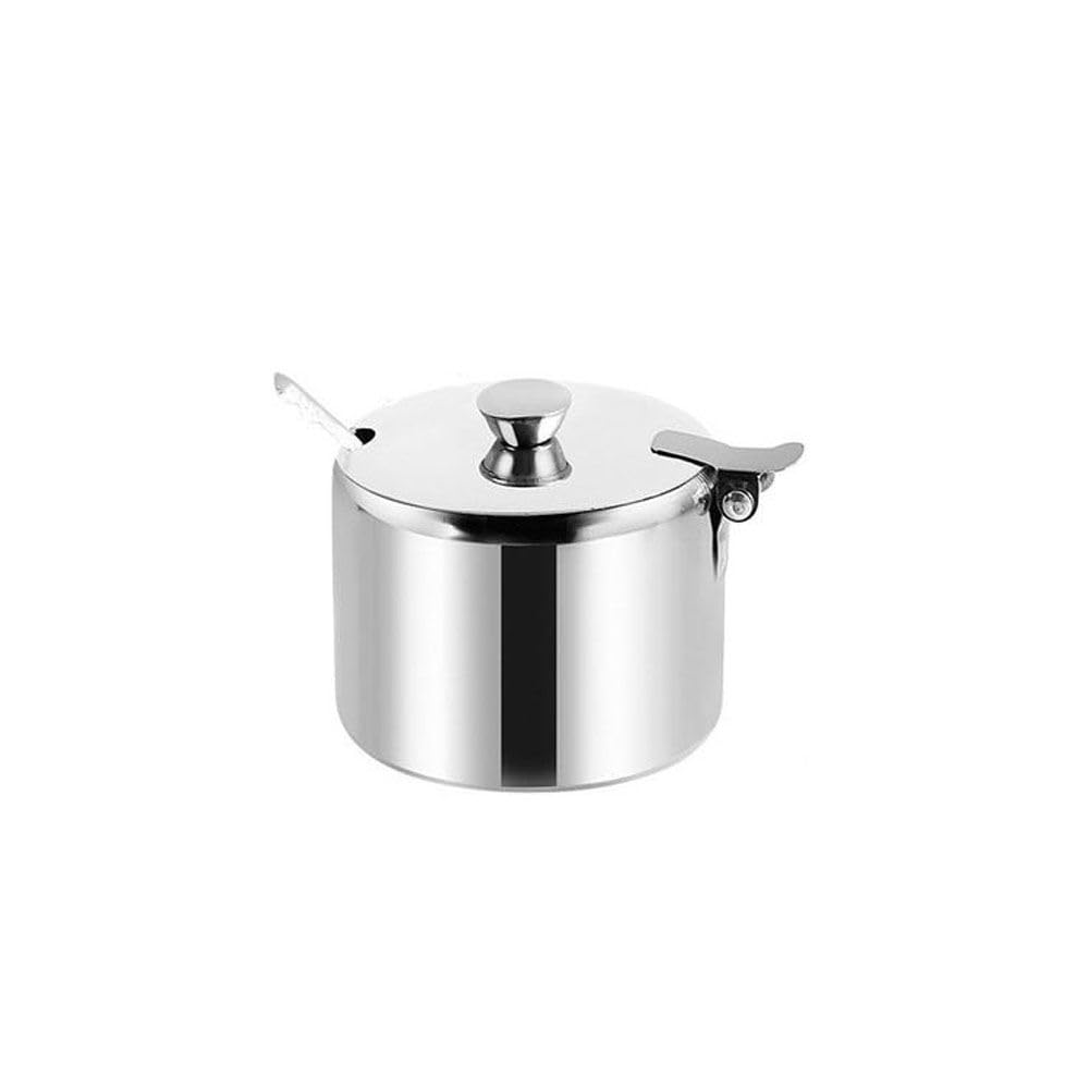 Premium Stainless Steel Sugar Bowl with Lid & Spoon - Airtight Spice, Salt, Brown Sugar Storage Jar - Elegant Tableware for Kitchen, Dining & Coffee Bar (9.5CM) - Perfect for Home, Restaurant & Cafe Use