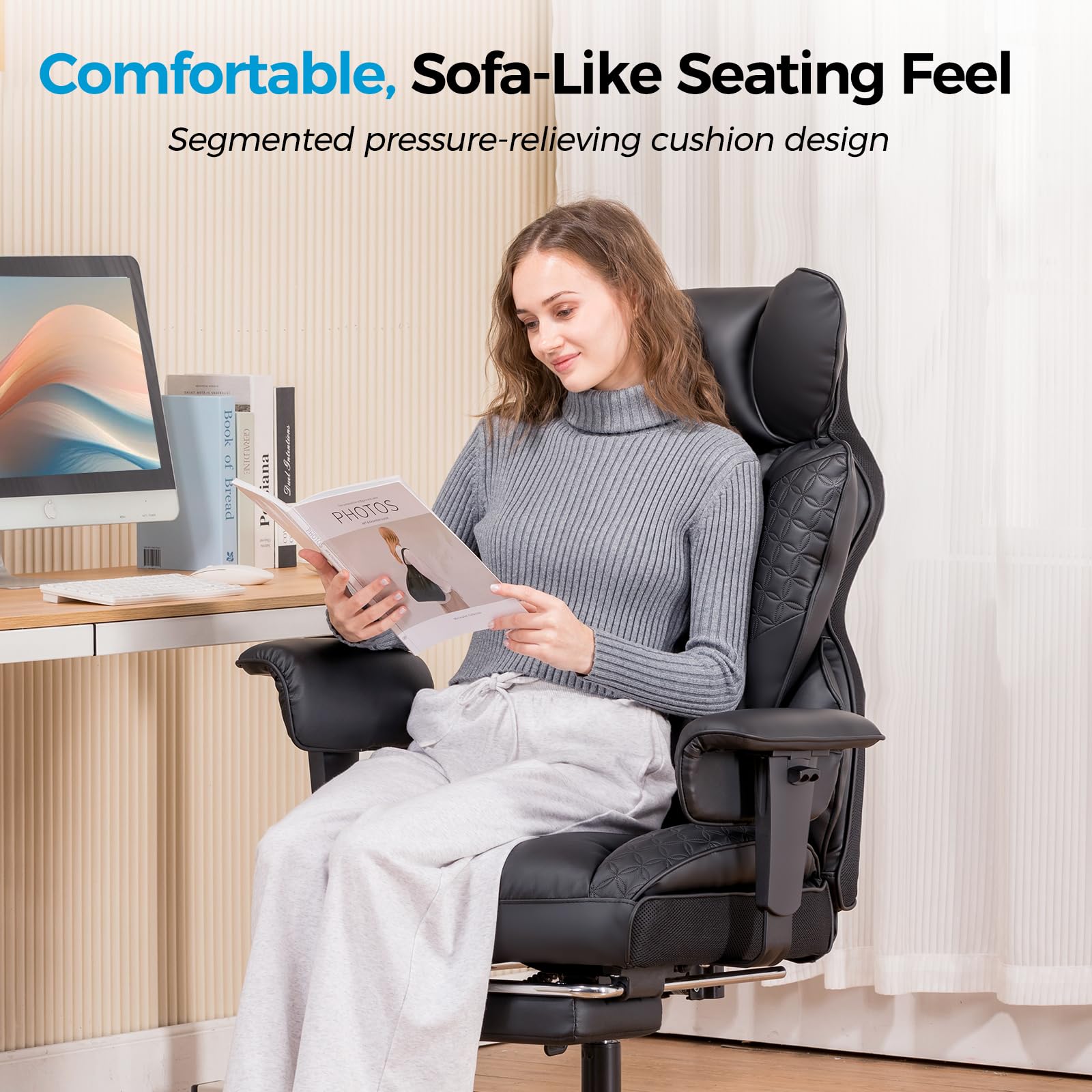 COMHOMA Big and Tall Office Chair 400LBS Capacity - Ergonomic Gaming Chair with Premium Embossed Leather, Footrest, 150° Reclining, Adjustable Armrests & Pocket Spring Back Support - Perfect for Home Office, Gaming Setup and Executive Workspaces