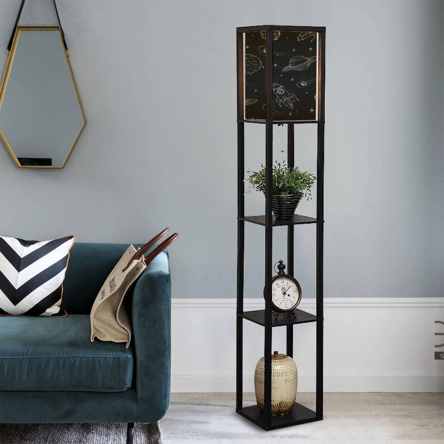 Handmade Seamless Solar System Floor Lamp with Jupiter, Mars, Saturn & Neptune Design - Adjustable Standing Lamp with Shelves & Flaxen Fabric Shade - Tall Corner Lamp for Living Room, Bedroom Decor | Perfect for Astronomy Lovers' Home Office & Reading Nook