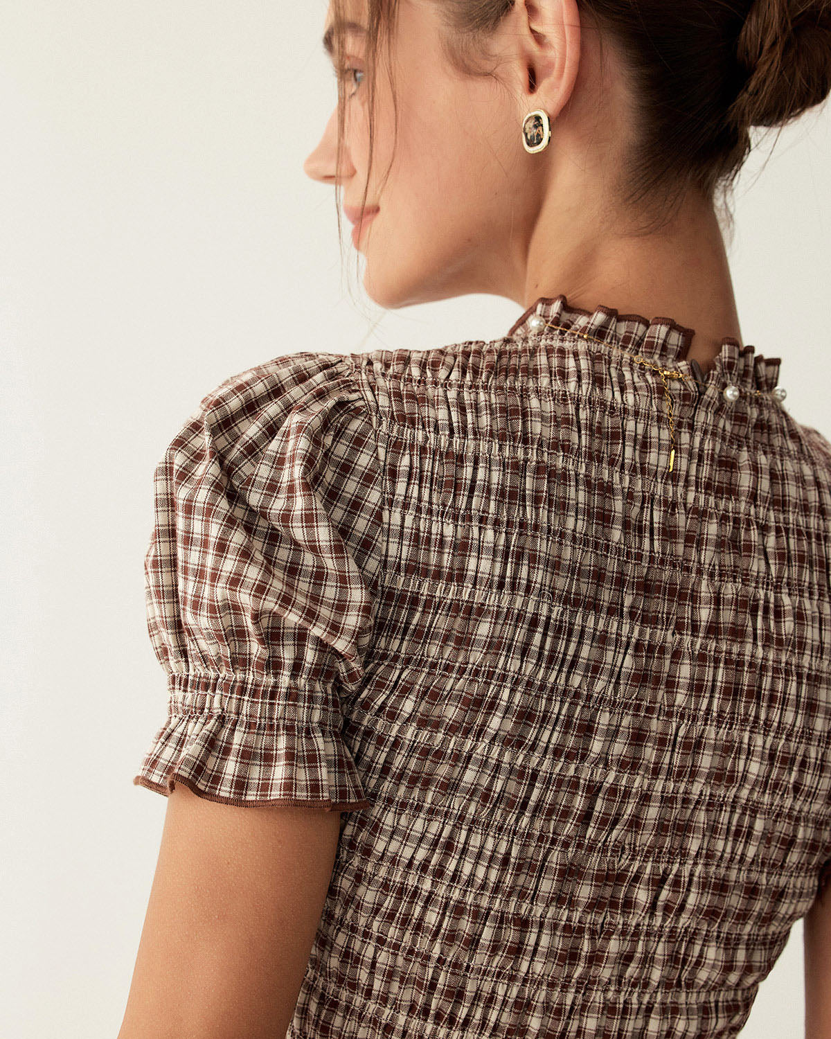 Stylish Coffee Plaid Puffed Sleeve Mini Dress for Women | Trendy Fall Outfit for Date Night & Office Wear