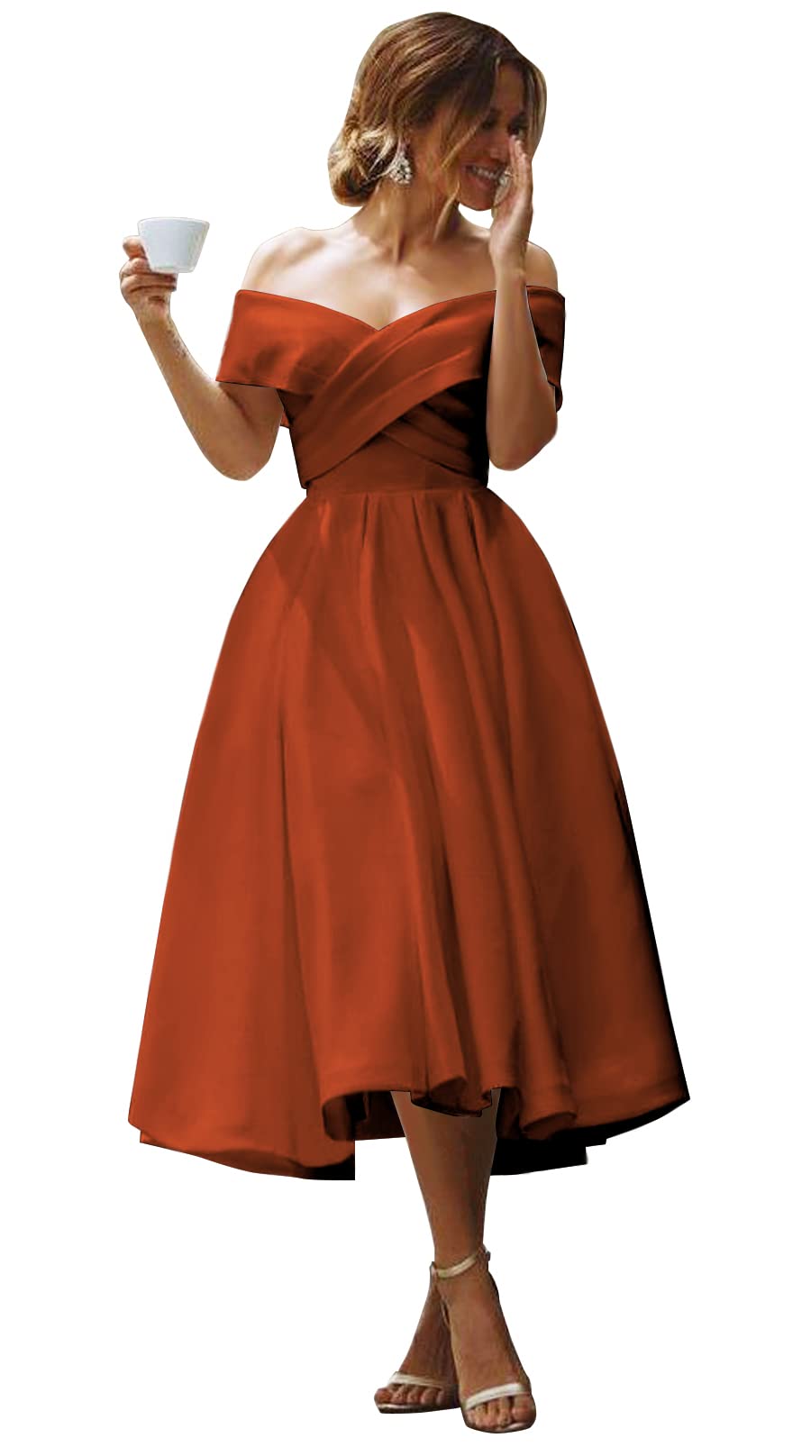 BOLENSYE Off The Shoulder Burnt Orange Satin Bridesmaid Dress - Short Prom Dress for Wedding Guest, Party, Cocktail - Size US16