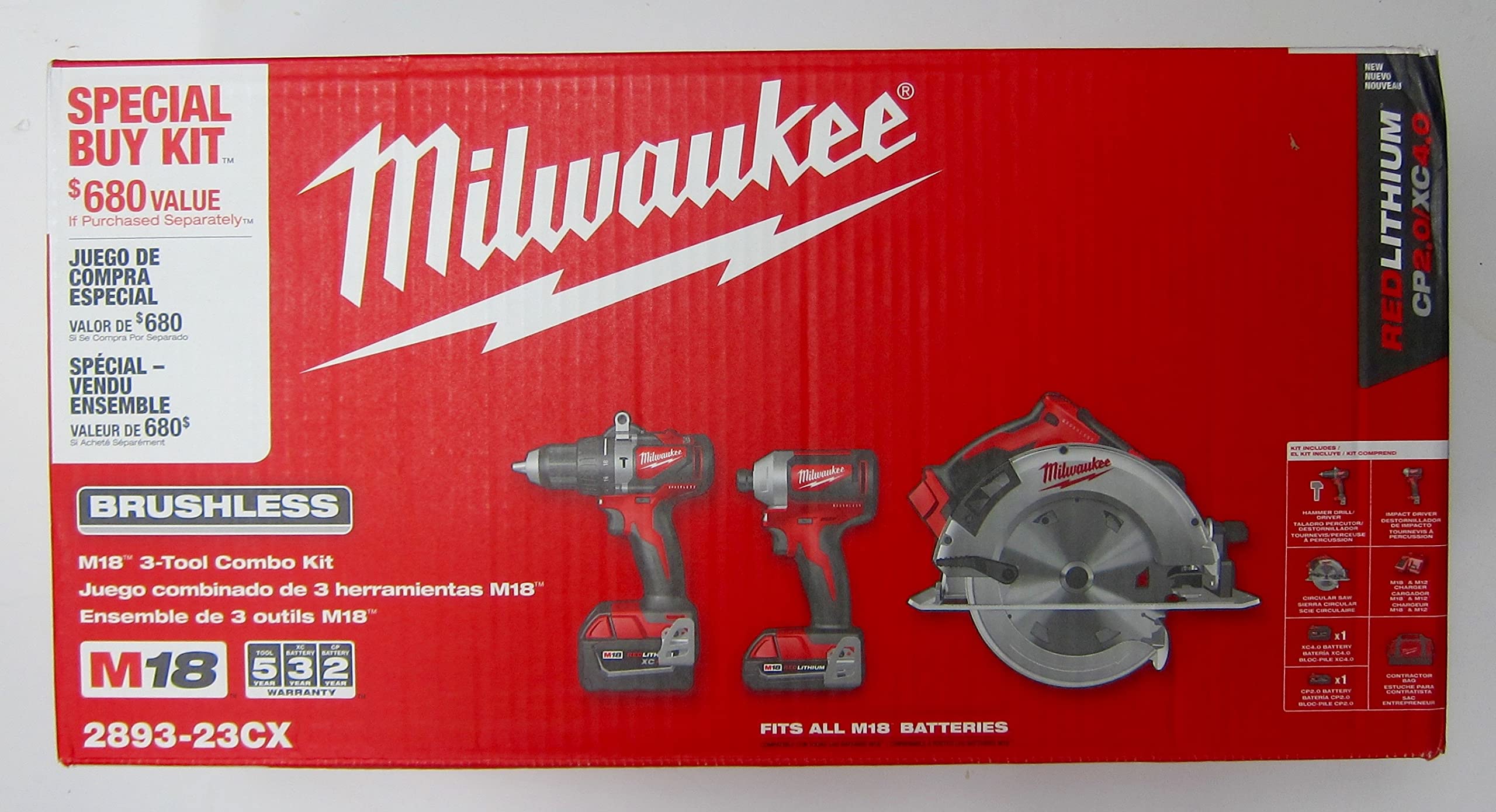 Milwaukee 2893-23CX M18 Brushless Cordless Hammer Drill, Impact Driver & Circular Saw Combo Kit (3-Tool Set) with 2 Batteries & Charger - Perfect for Construction, Woodworking & DIY Home Projects