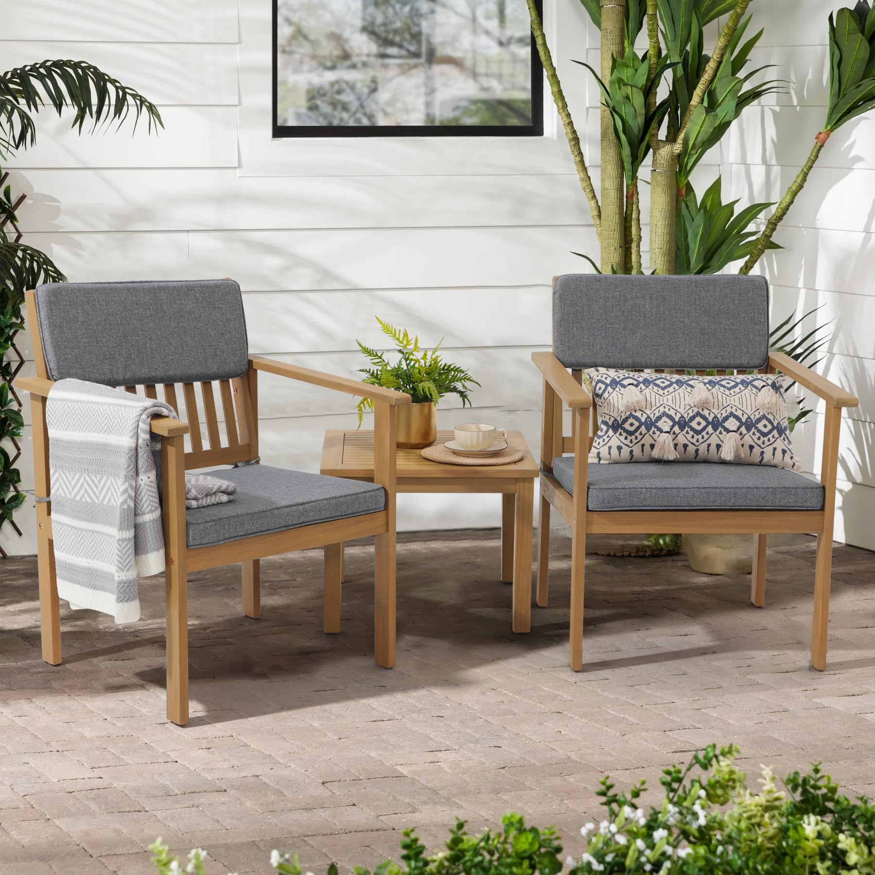 Premium 3-Piece Acacia Wood Outdoor Patio Furniture Set - FSC Certified Bistro Table & Chairs with Gray Cushions for Balcony, Porch, Backyard | Perfect for Garden Dining, Outdoor Entertaining & Relaxation