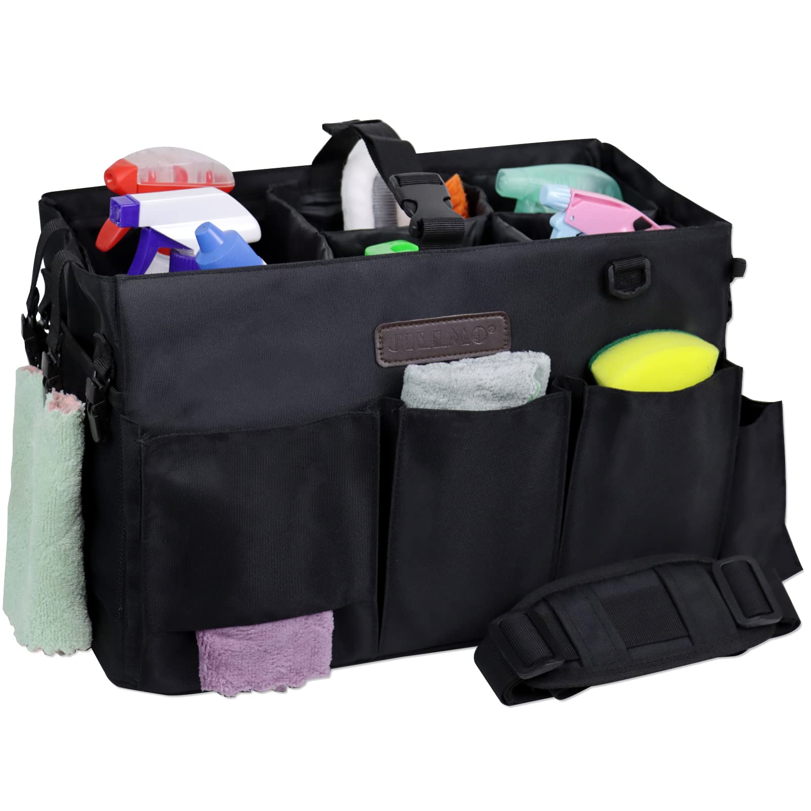Jillmo Large Wearable Cleaning Caddy Organizer with Handle, Adjustable Shoulder & Waist Straps - Portable Cleaning Supply Holder for Housekeepers, Janitors & Home Cleaning - Perfect for Hotels, Offices & Household Chores (Black)
