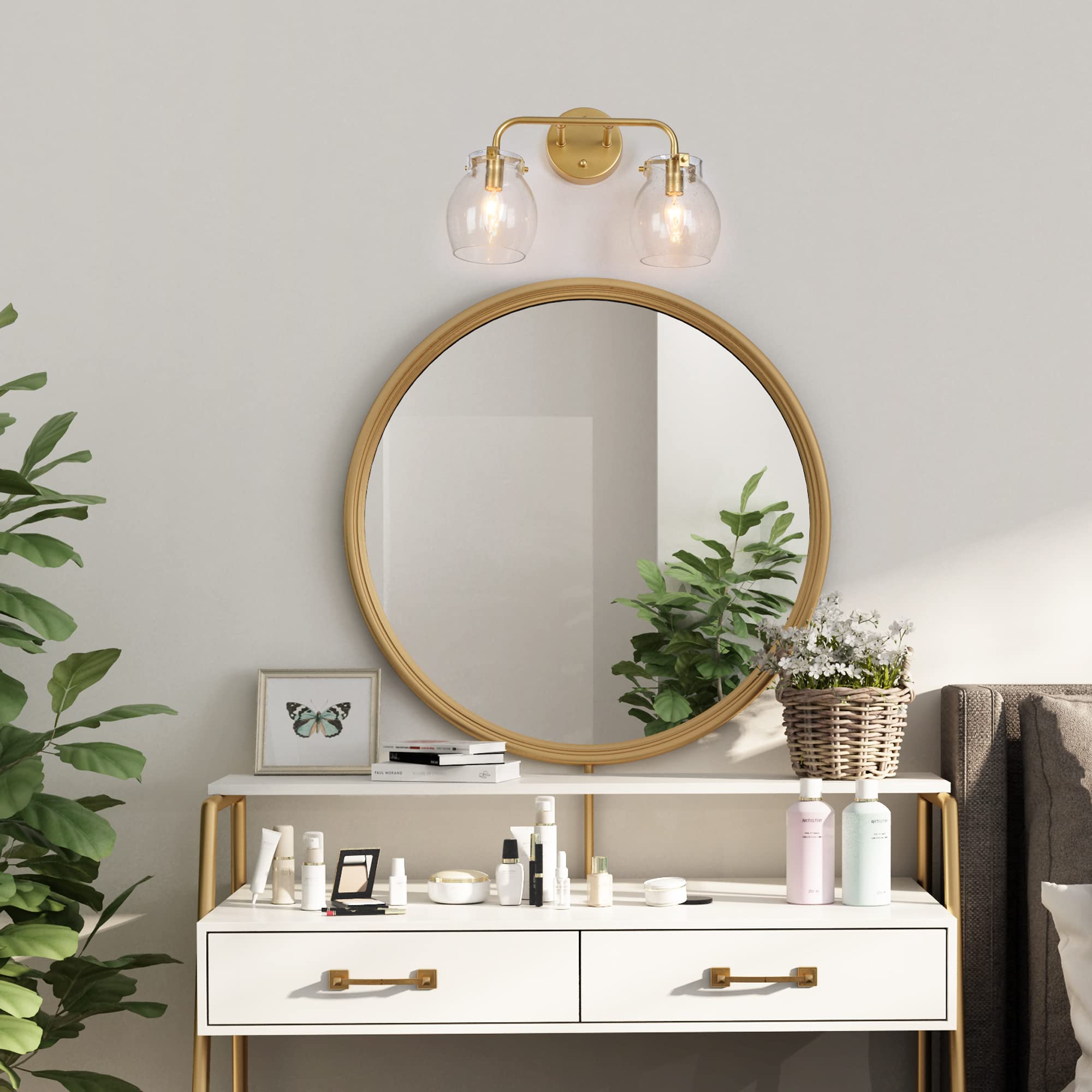 Durent Lighting Gold Vanity Lights - Modern Seeded Glass Bathroom Light Fixtures for Mirror (2 Light) - Perfect for Bathroom Vanity, Dressing Room & Makeup Area Lighting