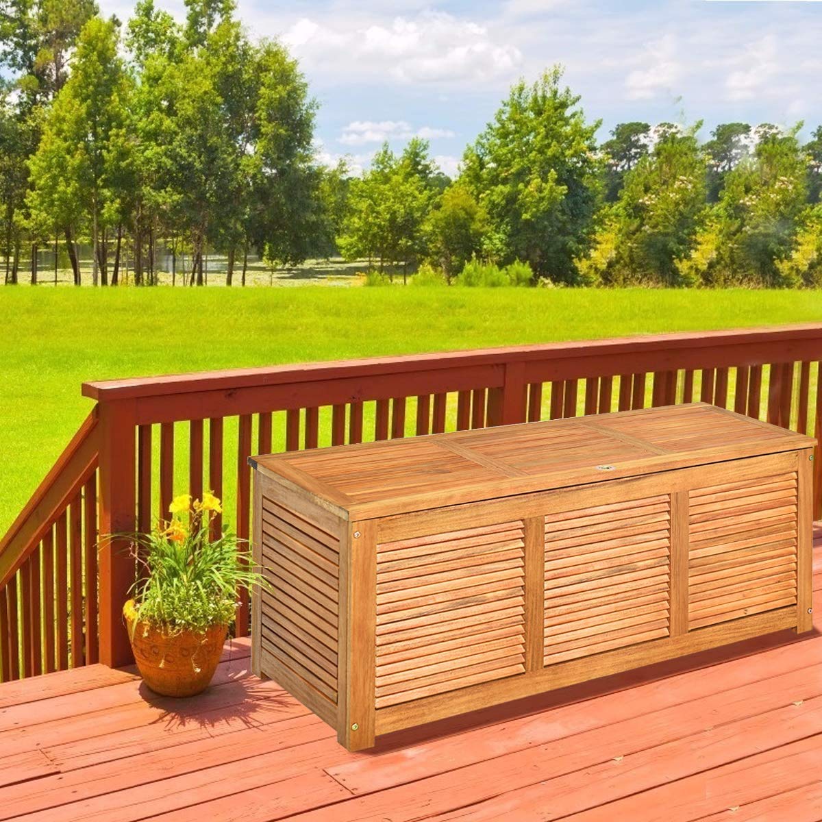 LDAILY Mocha Garden Backyard Storage Bench - Large Acacia Wood Deck Box with Lid - Outdoor Patio Furniture Cushion & Gardening Tool Organizer - Perfect for Backyard, Deck, and Garden Storage Solutions
