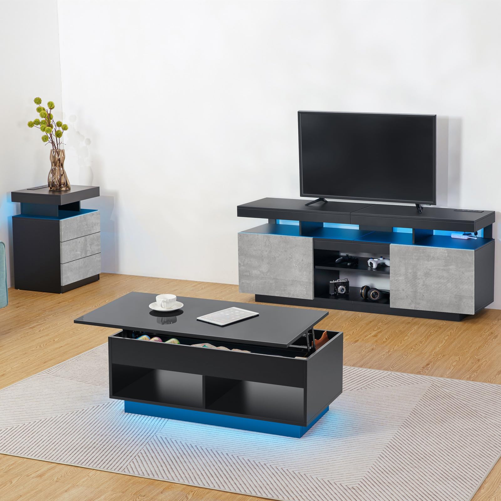 HOMMPA 2-Piece LED Lift Top Coffee Table and TV Stand Set - Modern LED Entertainment Center with Power Outlets for 70