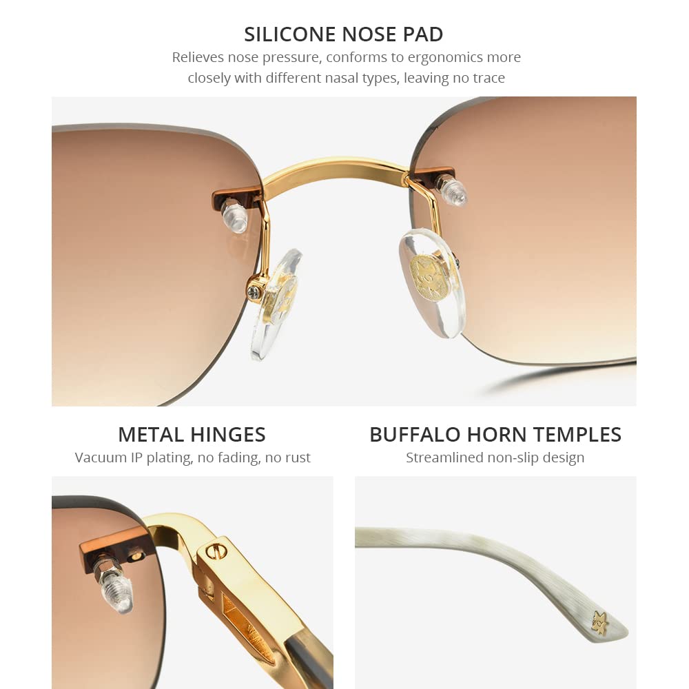100% Genuine Buffalo Horn Sunglasses for Men - Rimless Square Frame UV Protection - Stylish & Durable for Outdoor Activities, Driving, and Fashion Accessories