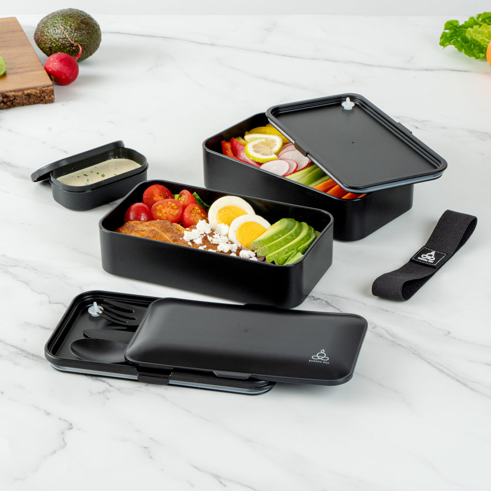 Bento Tek 41 oz Black Buddha Box - All-in-One Lunch Container with Utensils & Sauce Cup (7.25