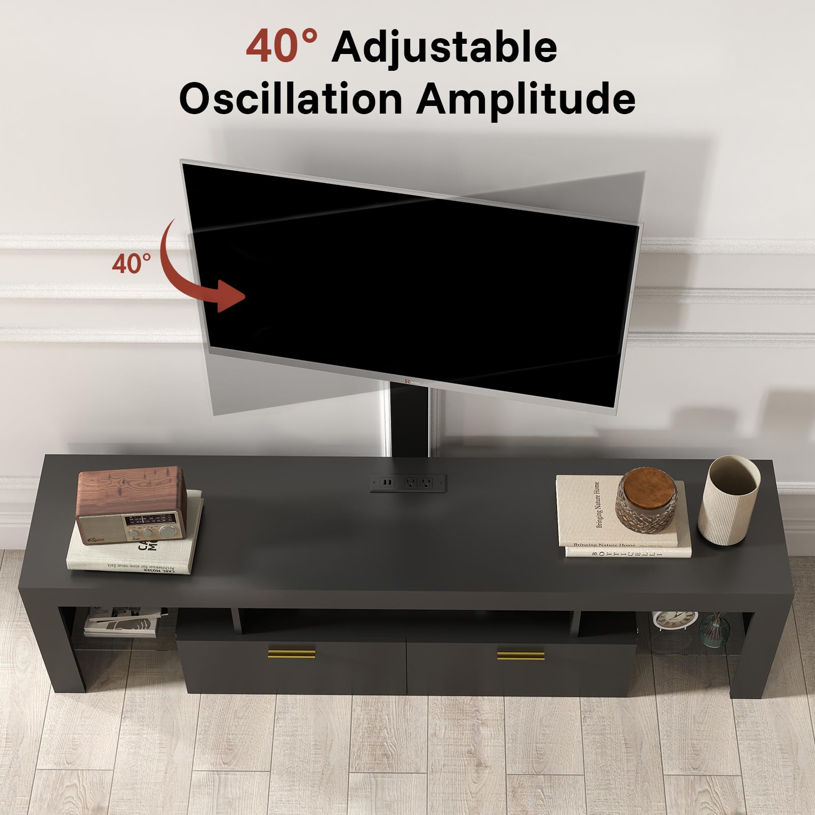 Modern TV Stand with Mount - TV Console with 2 AC Outlets & RGB LED Lights for 80 Inch TVs - Double Cabinet Storage - 40° Adjustable TV Mount - Pure Black - Perfect for Living Room, Bedroom & Home Theater Setup