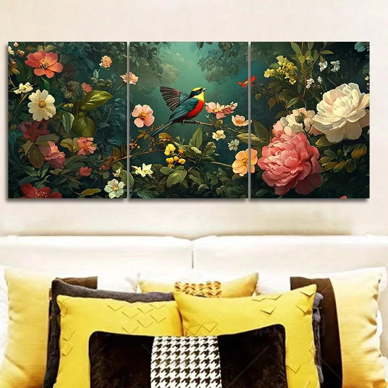 3-Piece Coralline Floral Nature Birds Wall Art Set - Framed Canvas 40x60cm (16x24 inches) - High Quality Print - 100% Australian Made - Ready to Hang - Perfect for Living Room, Bedroom & Office Decor