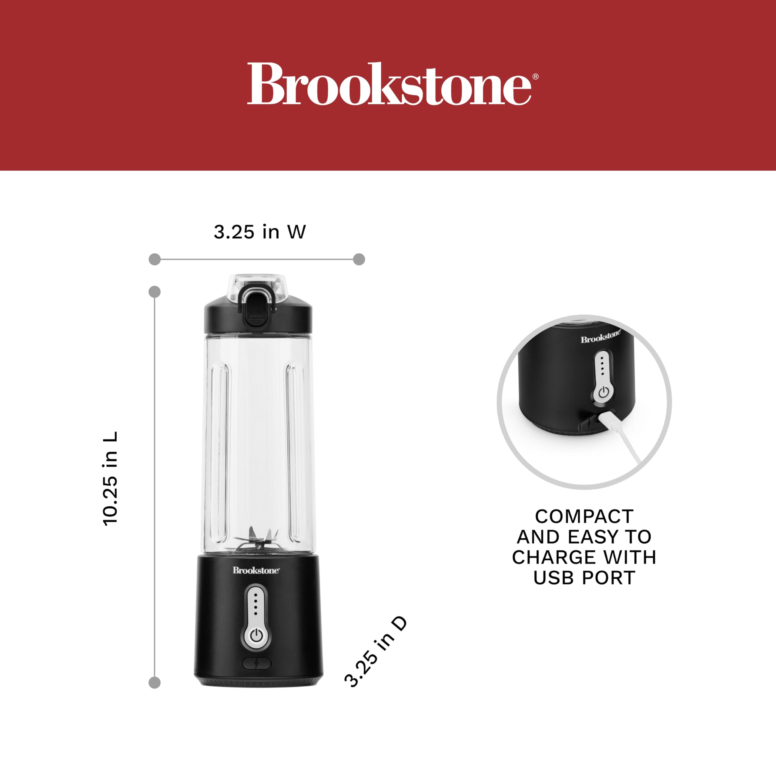 Brookstone 500mL Portable Blender - Compact Personal Blender for Smoothies, Shakes & Food Prep | BPA-Free, Travel-Friendly with Extra Lid | Perfect for Gym, Office & Outdoor Adventures (Black)