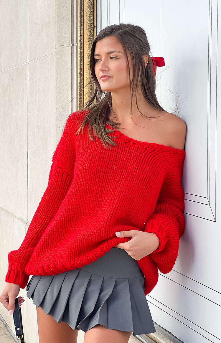 Delvey Red Chunky Knit Sweater for Women - Cozy Oversized Winter Pullover | Perfect for Christmas, Casual Outfits & Cold Weather Fashion